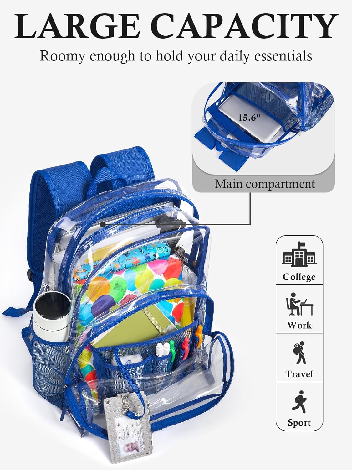 Clear Backpack for School, 17 inch Large Heavy Duty-TPU See Through Bookbag for Boys Girls and Adult, Transparent Backpack With Multi-Pockets for College Work Gym Sport, Blue - Image 7
