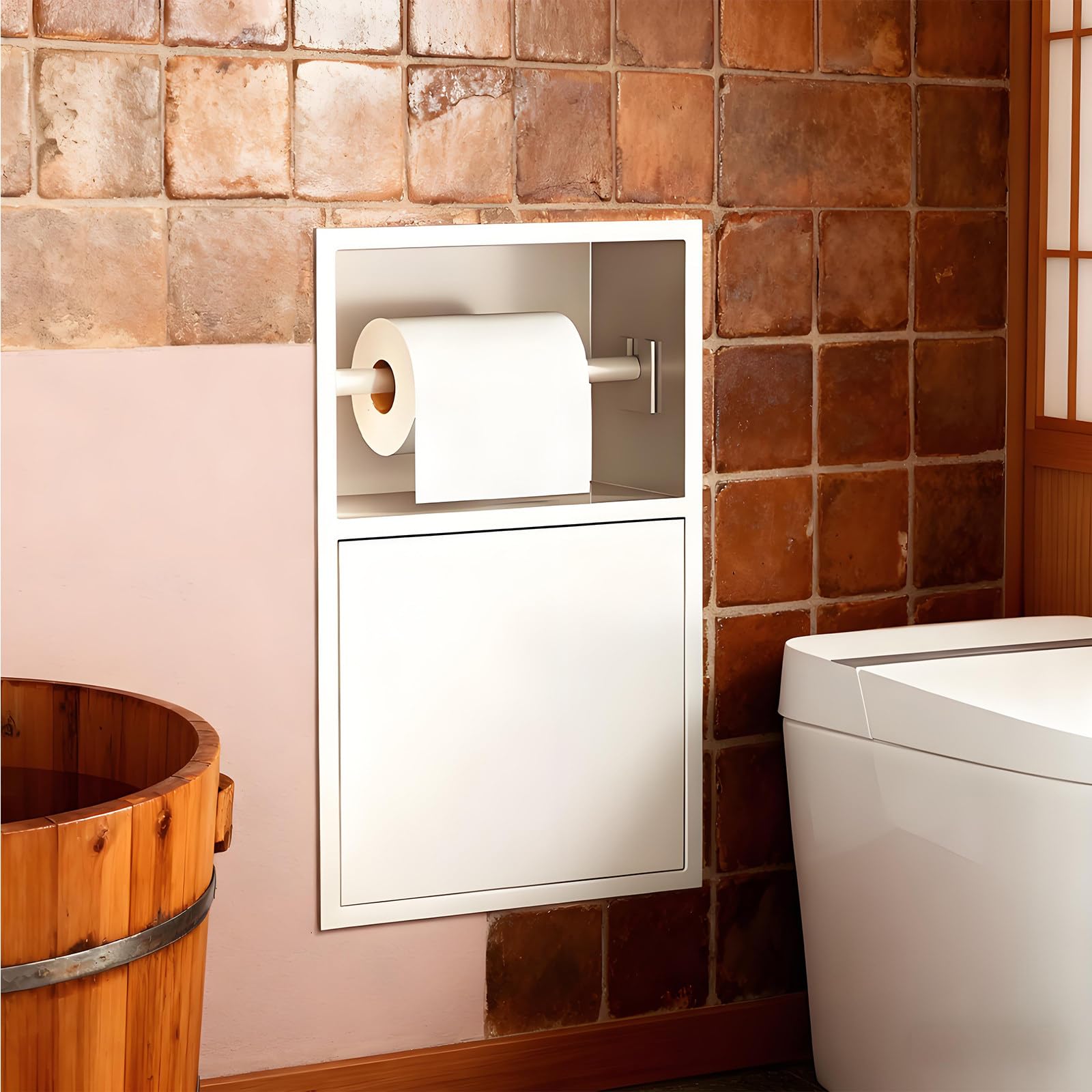 Recessed Toilet Paper Holder with Built-In Trash Can, Space-Saving Rack, Waterproof Organizer for Bathroom