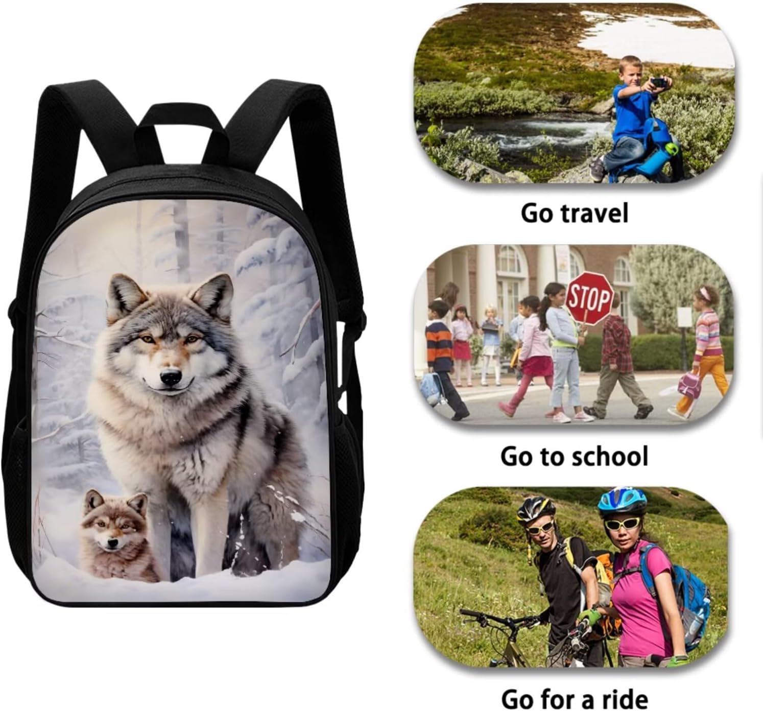 Wolf Backpack for Girls Boys Backpack with Lunch Box and Soft Pencil Case 3PCS Bookbag Set for School 17 inch Large Capacity School Bag with Side Pocket for Kids Casual Daypack Backpacks