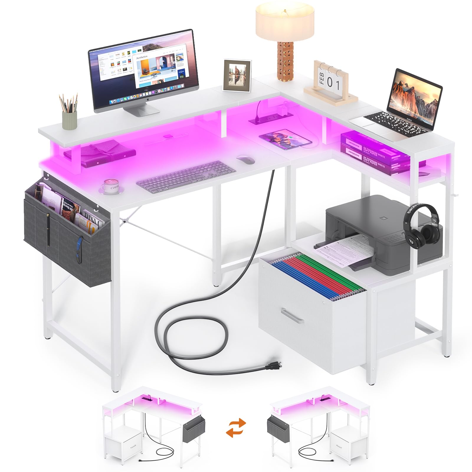 Homieasy Small Computer Desk with File Drawer Cabinet, L Shaped Office Desk with Printer Stand & Monitor Stand, 39 Inch Gaming Desk with Power Outlets Led Light Storage Bag Hanging Hooks, White