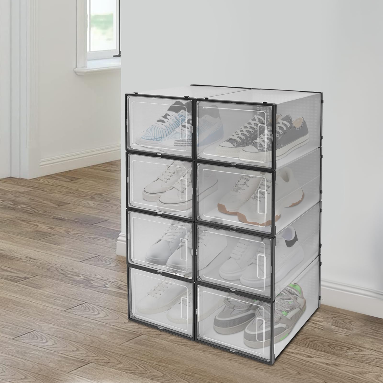 Set di 8 scatole per scarpe, impilabili, trasparenti, in plastica con finestra e manico, organizer per scarpe, antipolvere, per sneaker, 37 x 26 x 20 cm