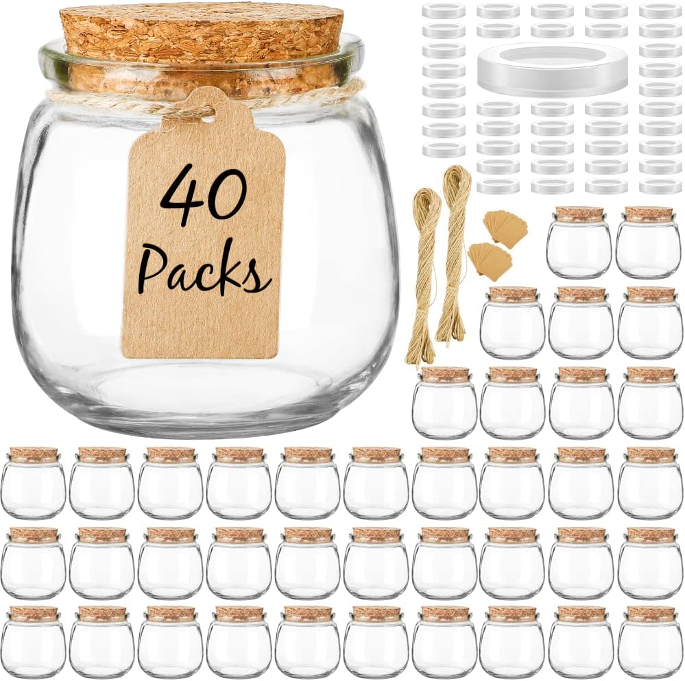Syntic 40 Pcs 7 oz (225ML) Glass Jars Yogurt Jars with PE Lids and Cork Lids Clear Pudding Jars Ideal for Jam Honey SpicesMousse DIY and Art