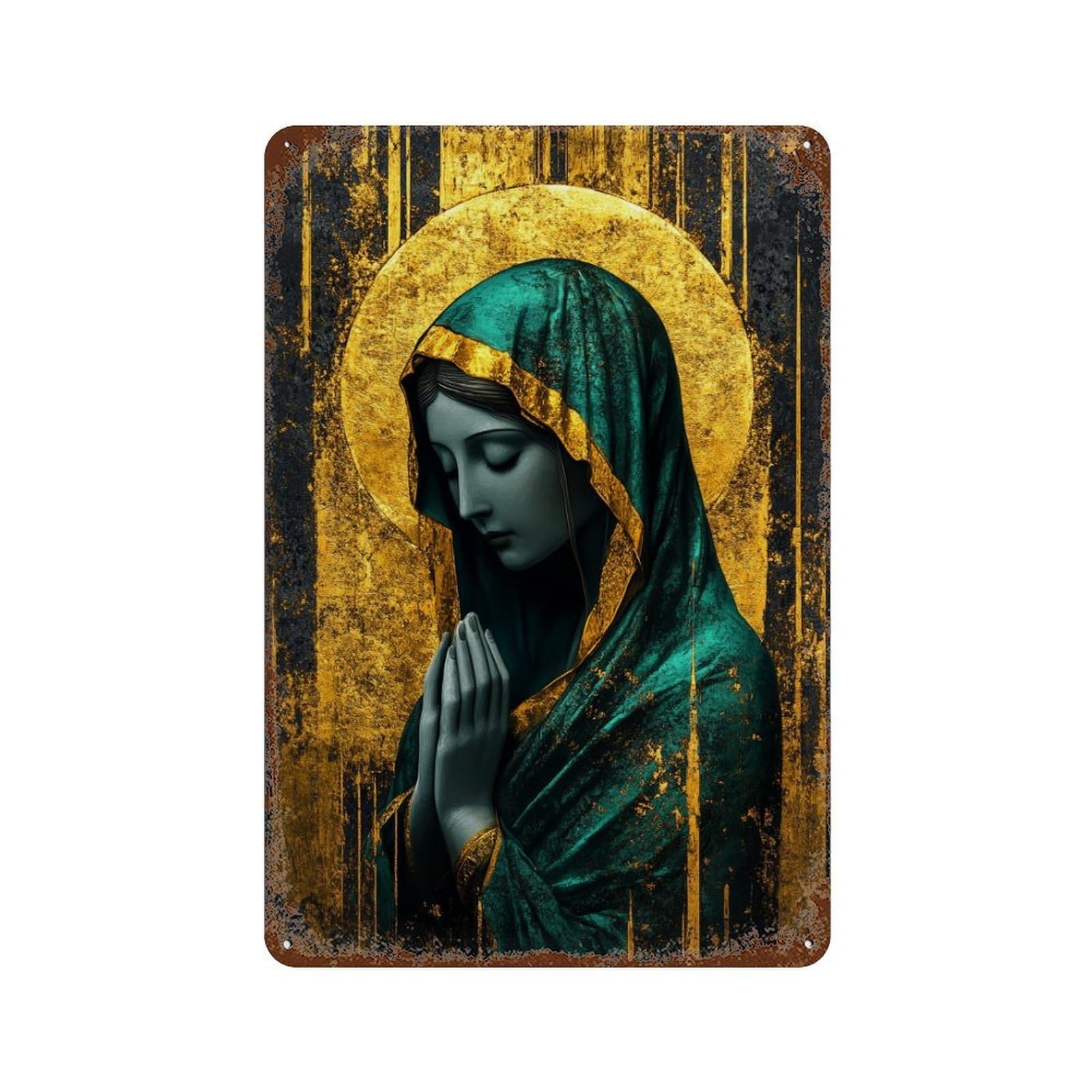 Distressed Metal Wall Sign Golden Virgin Mary Painting 11.8"x7.9", Rustic Home Decor for Farmhouse, Kitchen And Entryway Decor