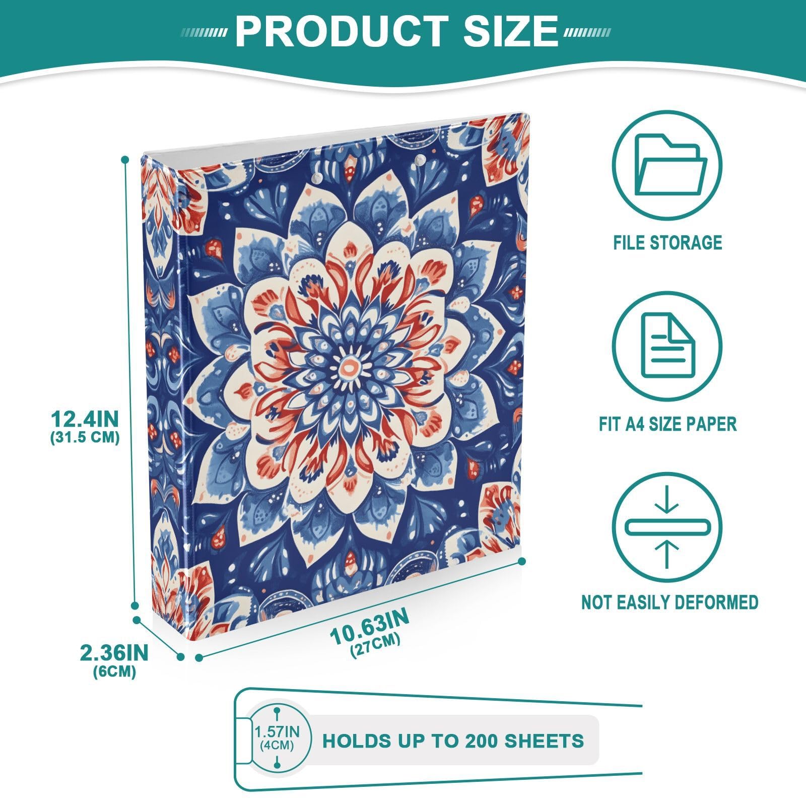 Confezione da 2 raccoglitori a 3 anelli, stile hippy, bohémien, mandala, fiori, 3,8 cm, con 3 tasche trasparenti, portablocco e contiene 200 fogli, per ufficio, scuola, organizzazione della