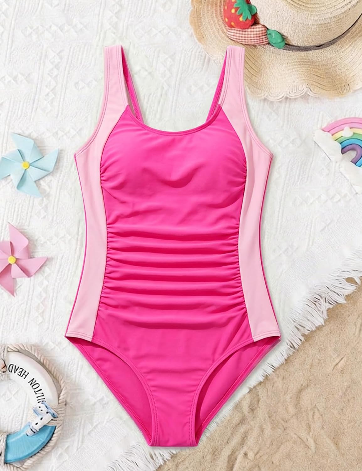 Arssm Girls Swimsuit Teen Girl One Piece Swimsuit Ruched Bathing Suit Adjustable Straps Padded Swimwear 9-16Y