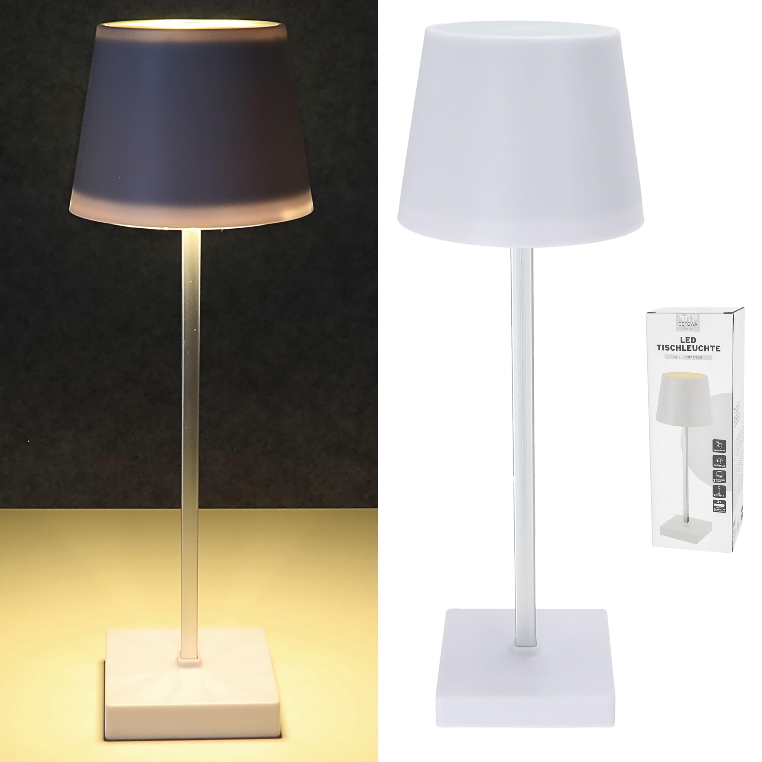 Cepewa LED Table Lamp | White 17 LEDs 8.5 x 32 cm ABS PS | Touch Function Battery Operated Warm White | 3 Brightness Levels 25 Lumen (1 x Table Lamp White 32 cm Battery) โ image 1