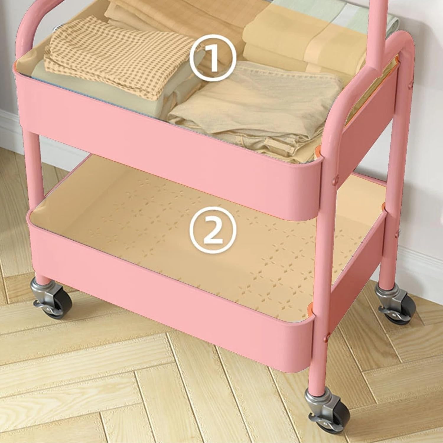 Freestanding Rack For Hanging Clothes With Shoe Storage - 26.37”W x 11.81”L x 62.59”H Heavy Duty Metal Clothes Rack On Wheels, Closet Organizer Shelves For Garment Hanging Hat, Coats (Pink)