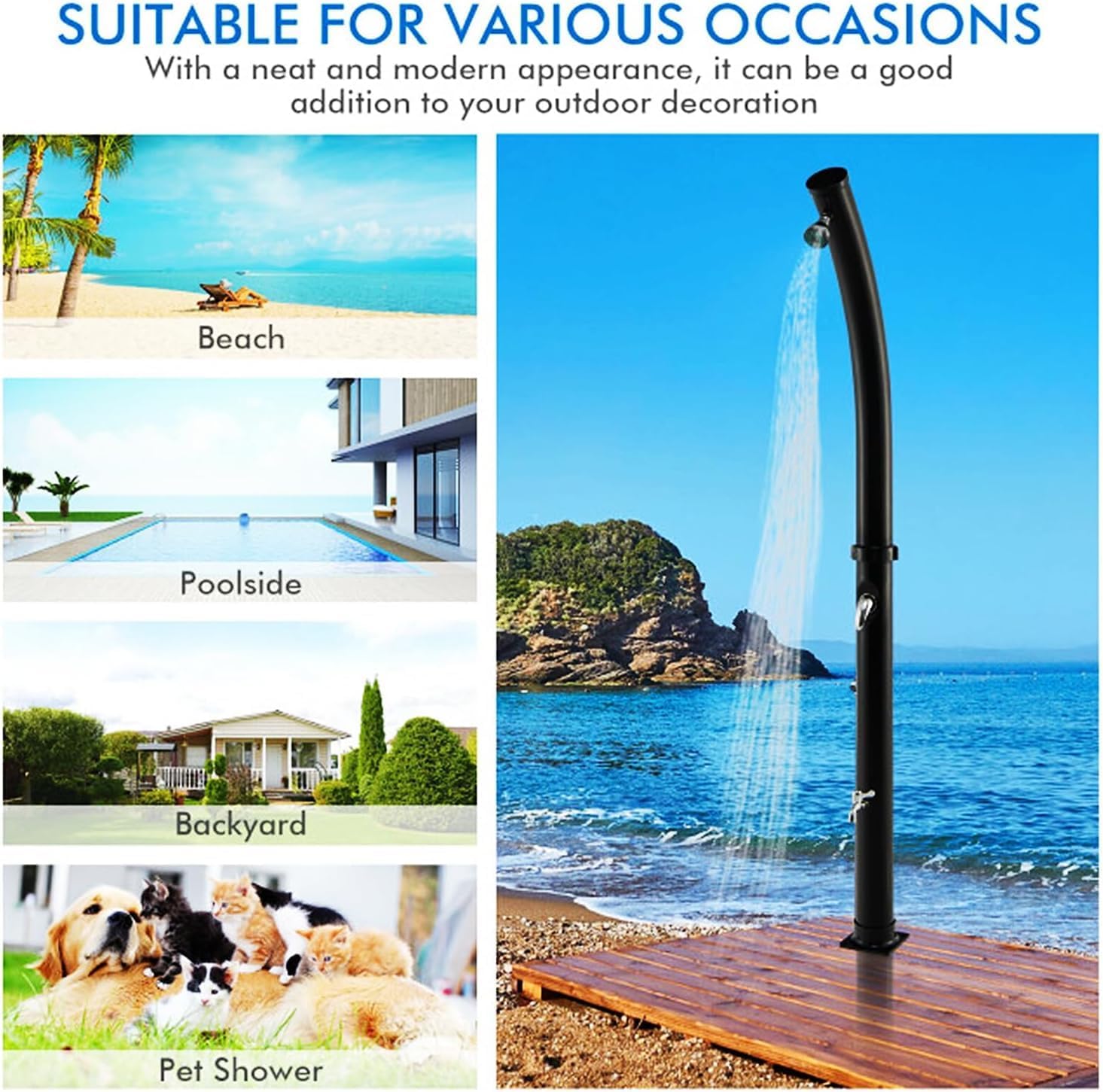 7.2 Ft Outdoor Shower, Solar Heated Outside Shower Station Fixture W/Shower Head & Foot Tap Spigot, Standing Garden Shower for Poolside, Pool Area, Beach House