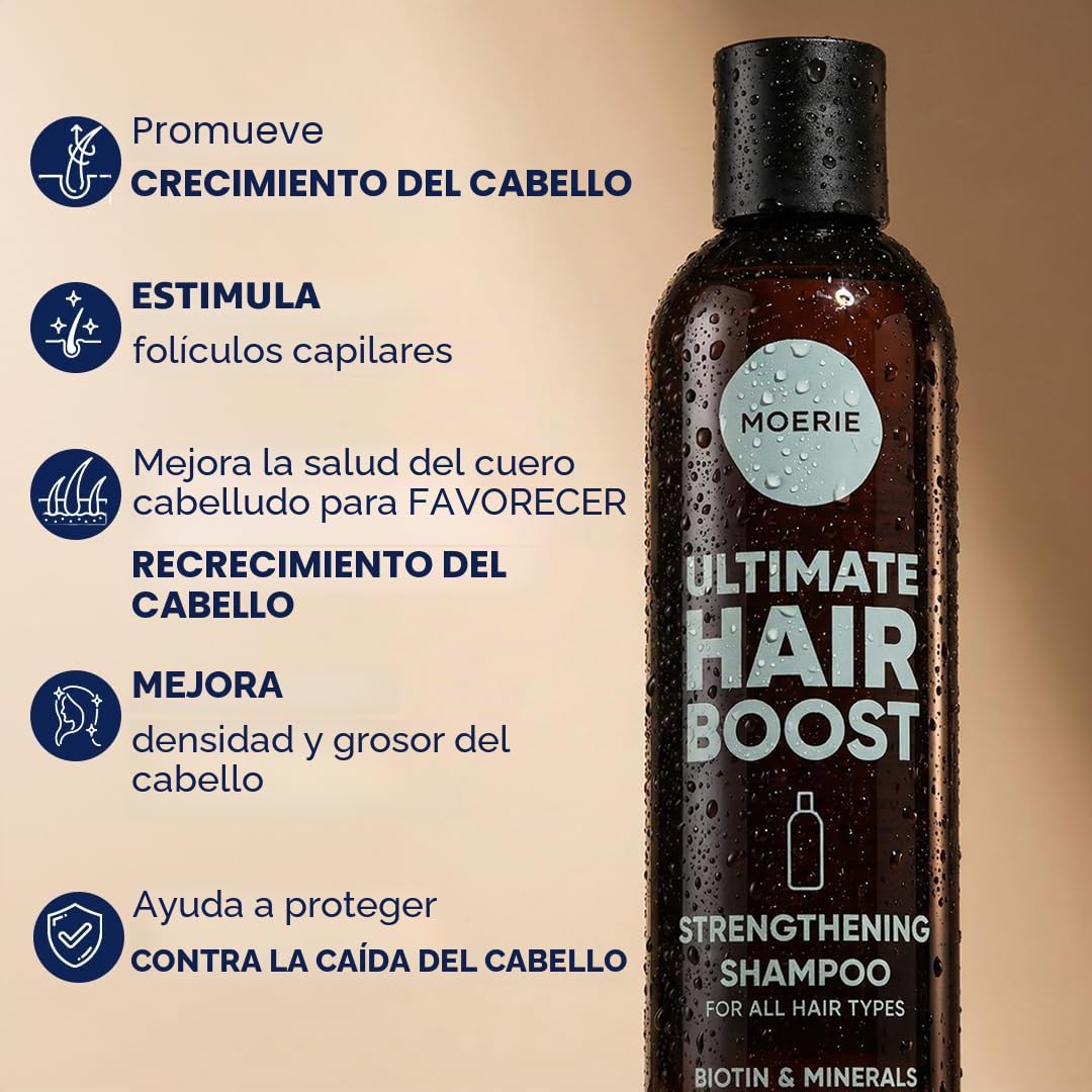 Moerie Ultimate champu de cabello crecimiento – pelo Grueso y Abundante - Shampoo Anticaída Mujer – Producto voluminizante - vegano - sin parabenos ni silicona - todo tipo de cabello – 250 ml X2