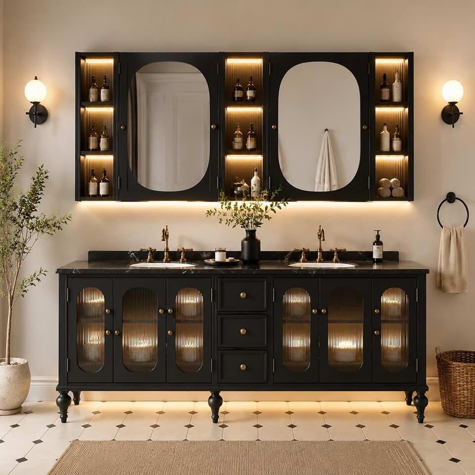 106 IN Freestanding Double-Sink Bathroom Vanity with LED Mirror Cabinet