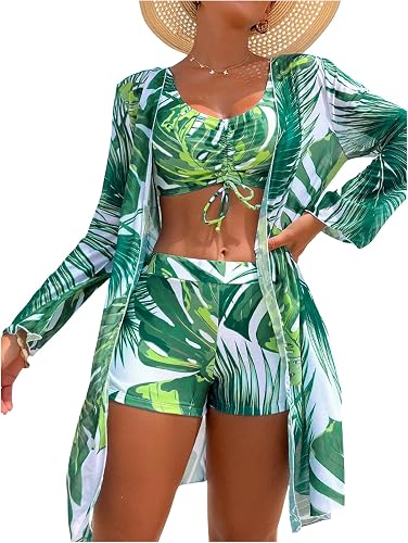RoseSeek Women's 3 Piece Floral Bikini Sets Drawstring High Waisted Boyshort Swi