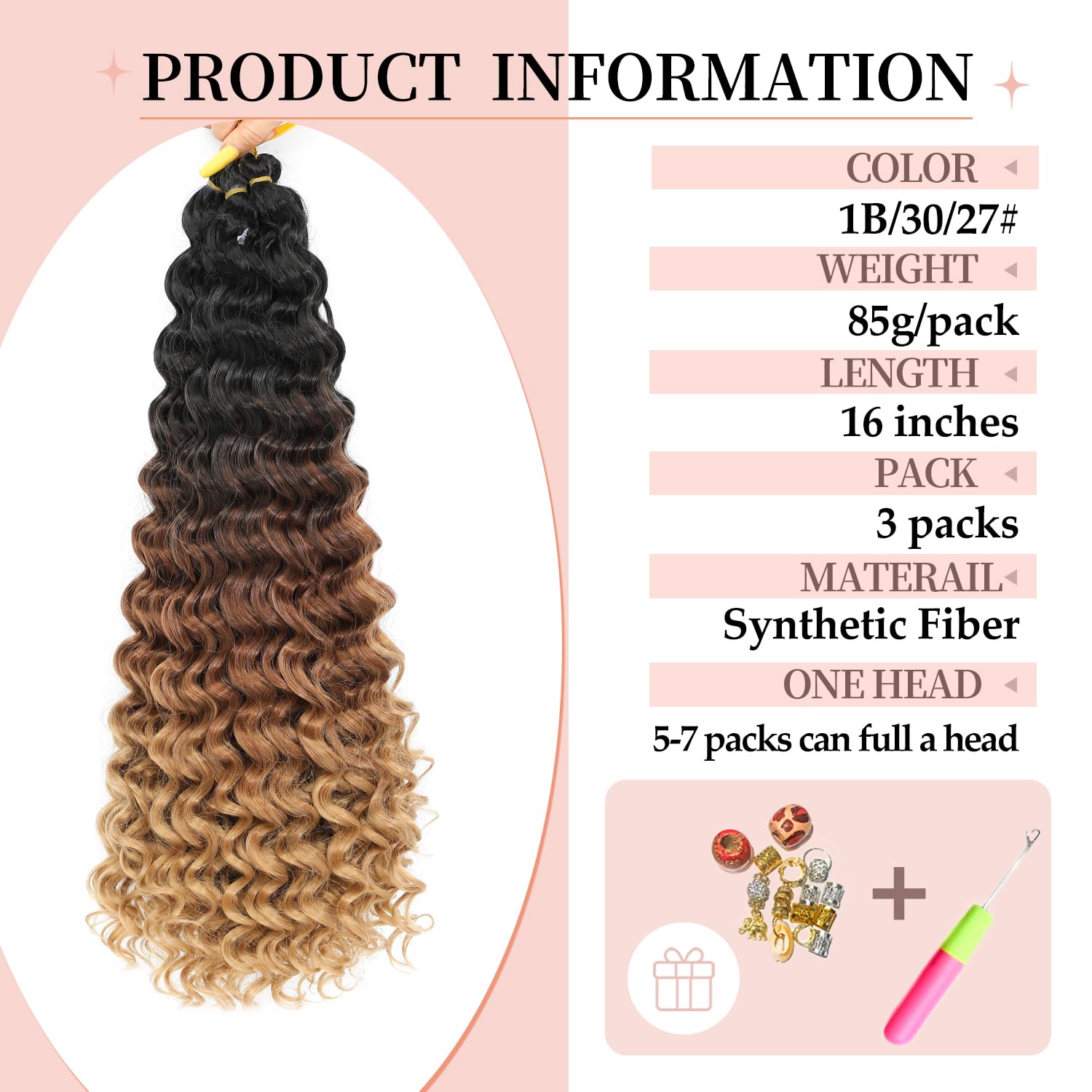 AMLUCKS Deep Wave Braiding Hair for Black Women Girls Synthetic Ocean Wave Crochet Hair Extensions for Boho Braids (1B/30/27# - Image 2