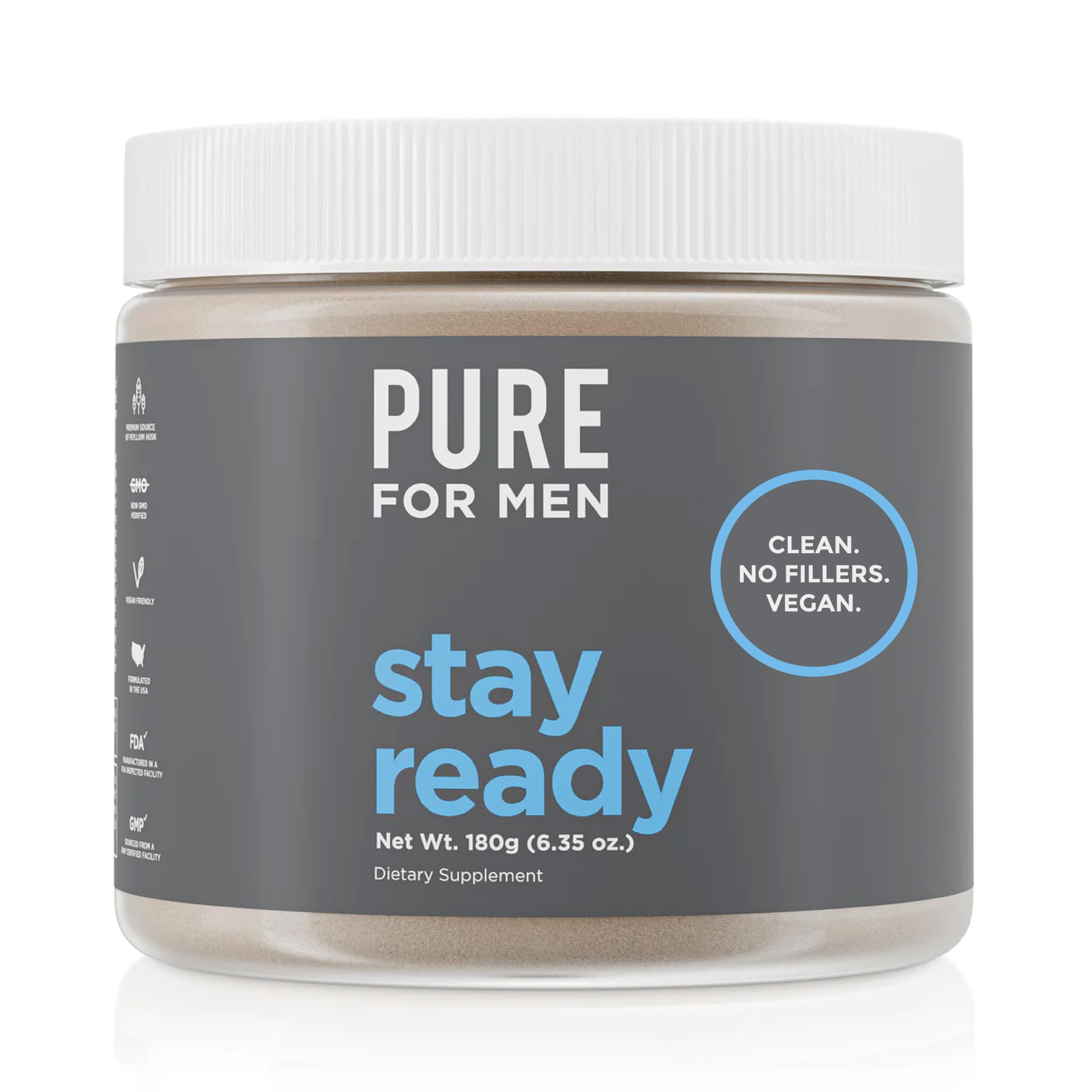Pure for Men Stay Ready Fiber Supplement Powder, Psyllium Husk (180g Vegan)