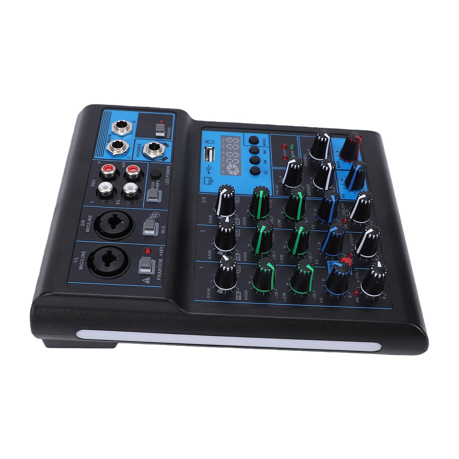 Mixer Audio a 4 Canali con Doppi Microfoni Wireless, Scheda di Missaggio Audio USB C con Alimentazione 48V RGB Console Mixer DJ per PC Podcast Studio Karaoke Live