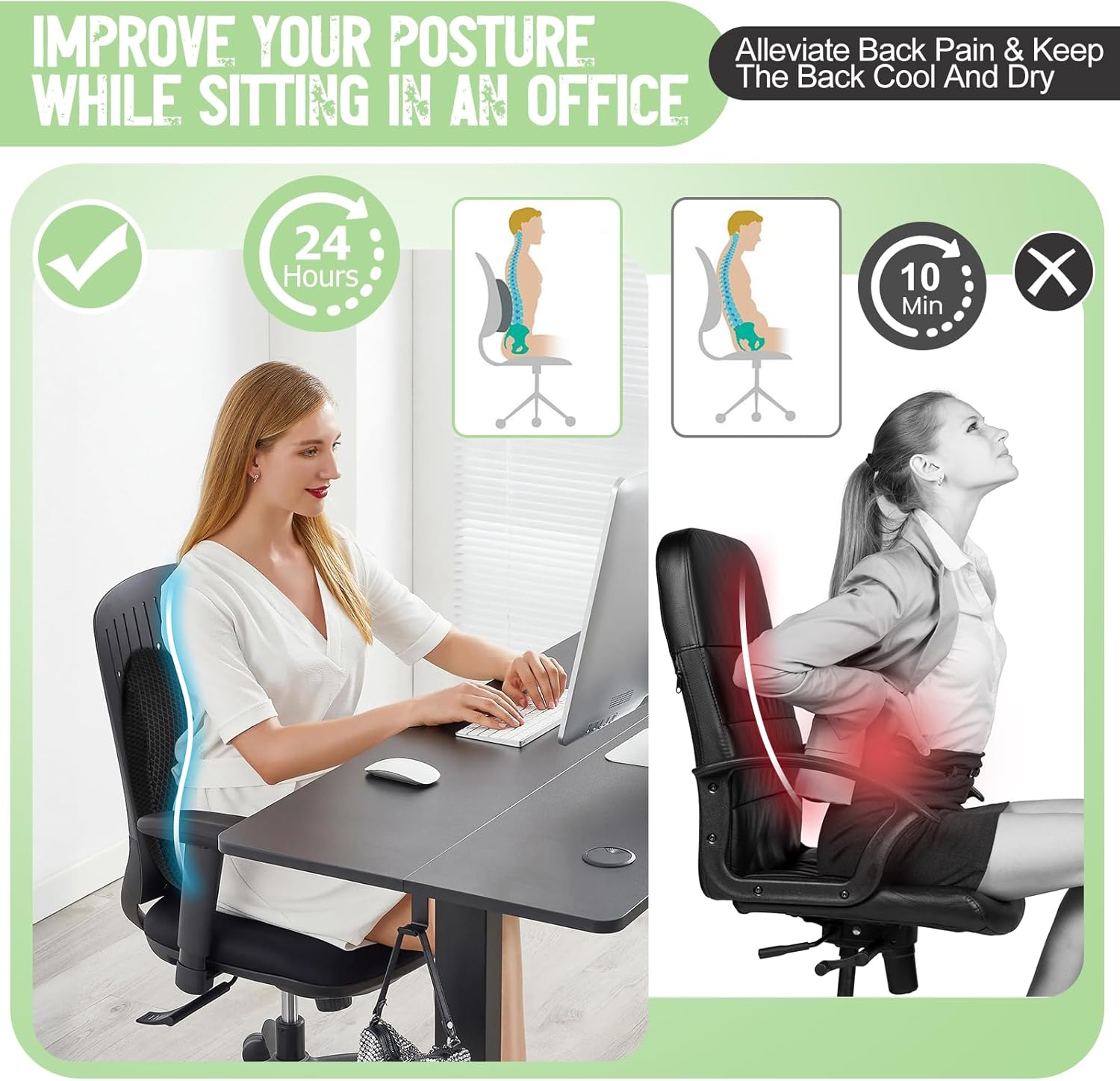 Lumbar Support Pillow Office Chair Car Back Pillow Ergonomic Lower Back Pain Relief Breathable Air Fiber Cushion with Hours Sitting on Worker Driver & Handicapped, Adjustable Strap (Black) - Image 6