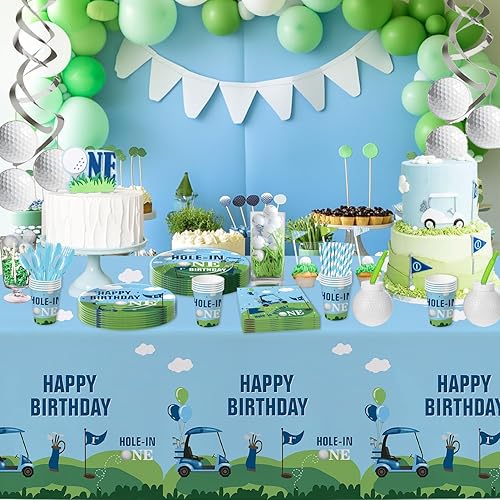 Miniatura 6 de Xigejob Suministros para fiesta de primer cumpleaños de golf, vajilla con agujero en uno para decoración de cumpleaños, plato, taza, servilleta,