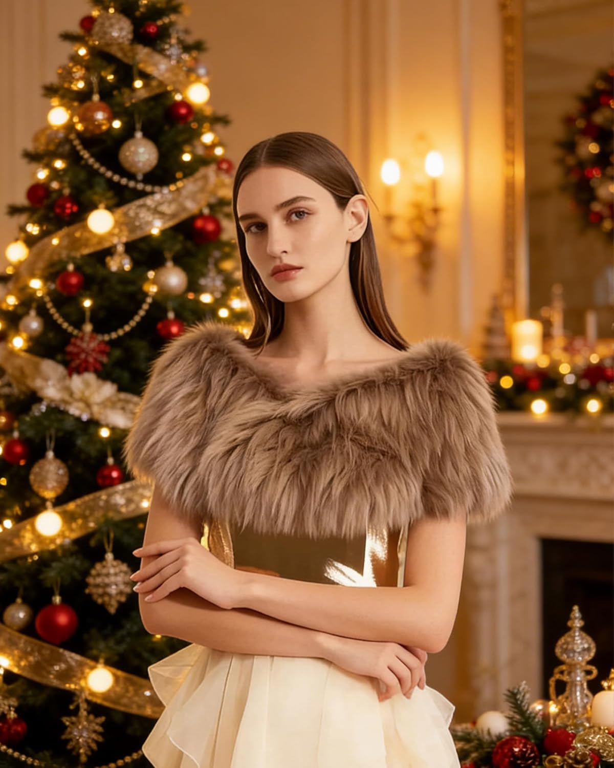 Barelove Long Women's Faux Fur Collar Scarf Wrap, Cold Winter Warm Wrap Stole Scarf Shawl Shrug Neck Warmer - Image 4