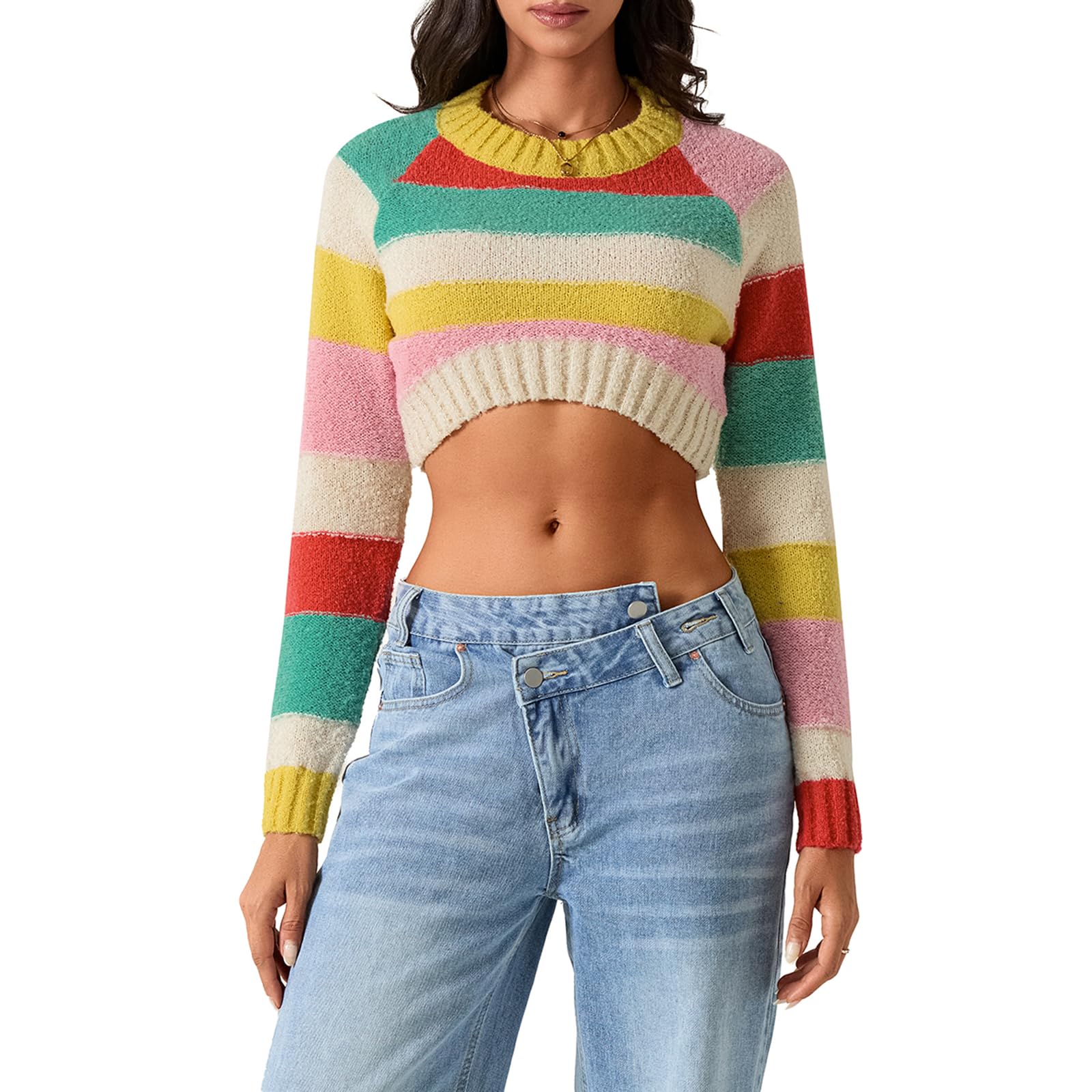 Womens Striped Crop Sweaters Colorful Stripe Long Sleeve Short Pullover Basic Knitwear Casual Streetwear