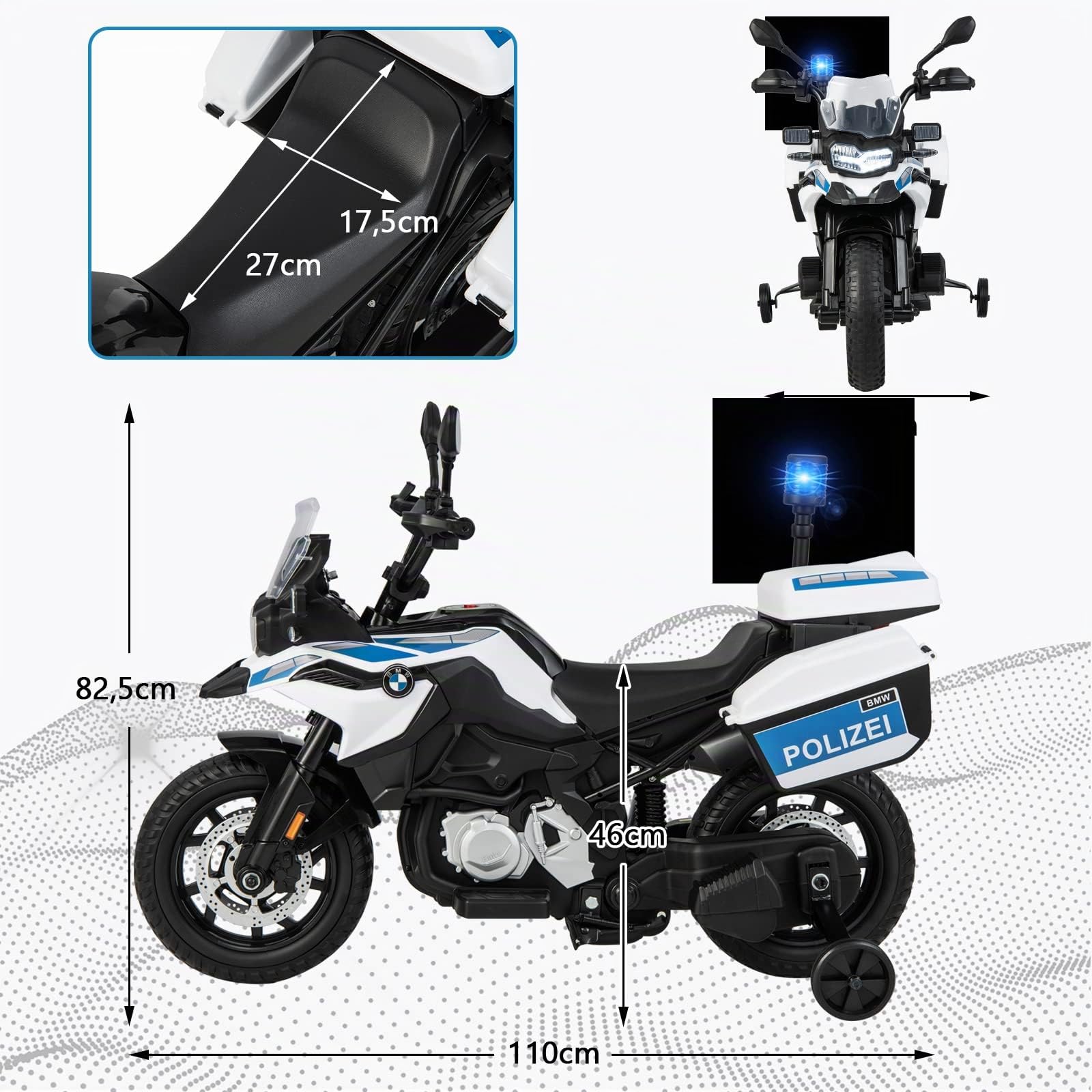 COSTWAY Moto Électrique pour Enfants 12V 6km/h avec 2 Roues Détachables, Moto Police avec 2 Coffre à Jouets, Musique, USB, Klaxon, Sirène, pour Enfant 3 à 8 Ans, 110x63x82,5cm (Blanc)