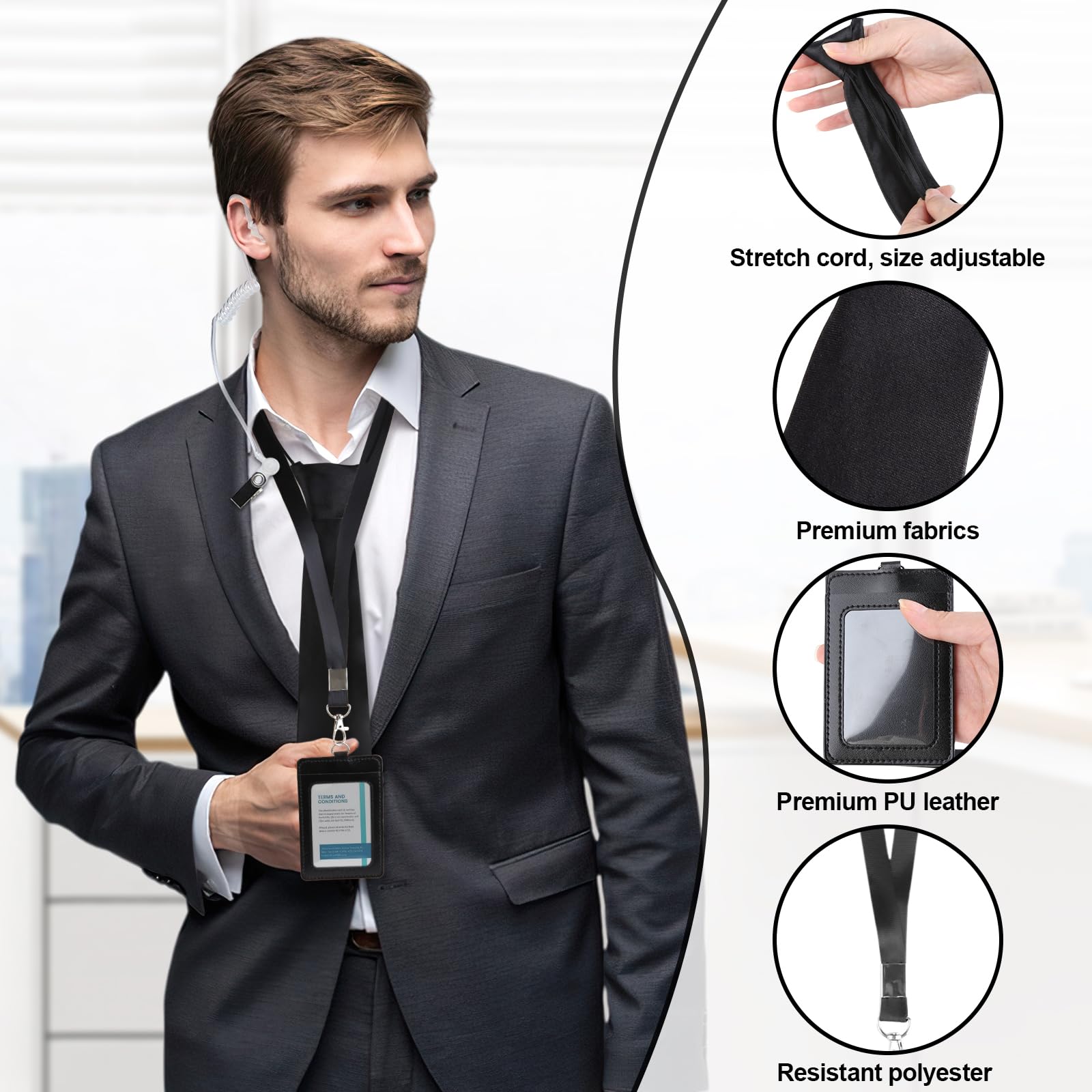 Qichan 8 Pcs Men in Black Costume Accessories, Agent Costume Accessory with Tie, Sunglasses, Card Holder, Headphones - Image 3