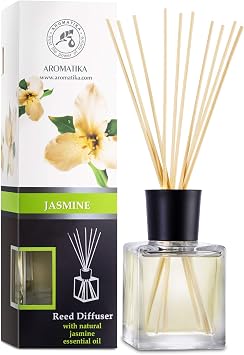 Jasmine Reed Diffuser w/Natural Essential Jasmine Oil 6.8 Fl Oz - Fresh & Long Lasting Fragrance - Scented Reed Diffuser - Gift Set w/Bamboo Sticks - Best for Aromatherapy - SPA - Home