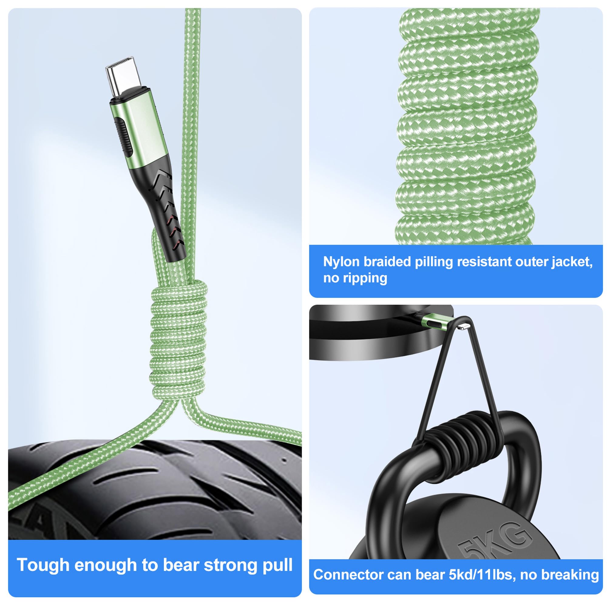 Durcord Cable de carga USB-C, 10 pies, cable trenzado de carga rápida, verde, paquete de 2