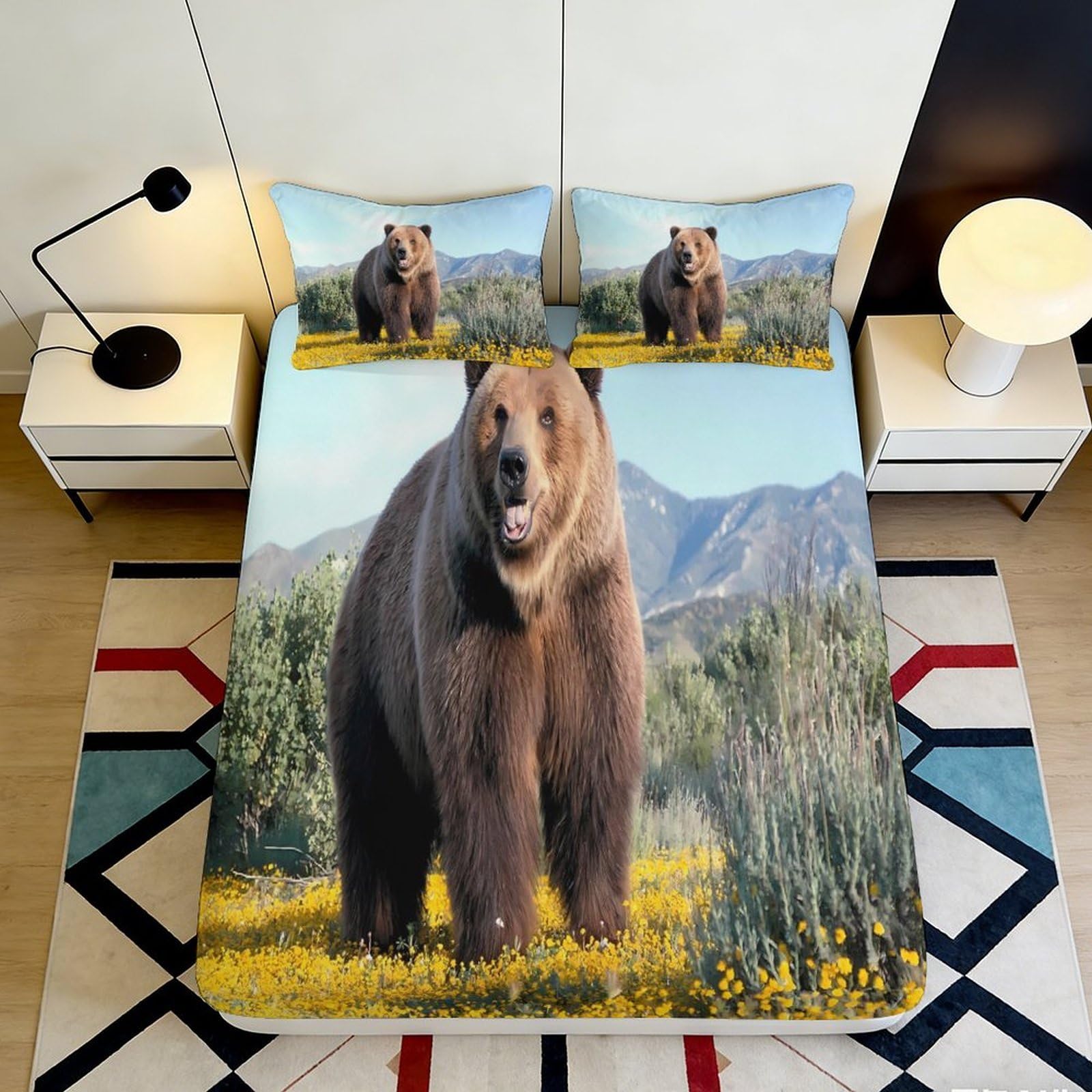 3D Printed Brown Grizzly Bear Fitted Sheet Microfiber Scenic Mountain Yellow Meadow Mattress Cover for Bedroom Decor 90x200x25cm