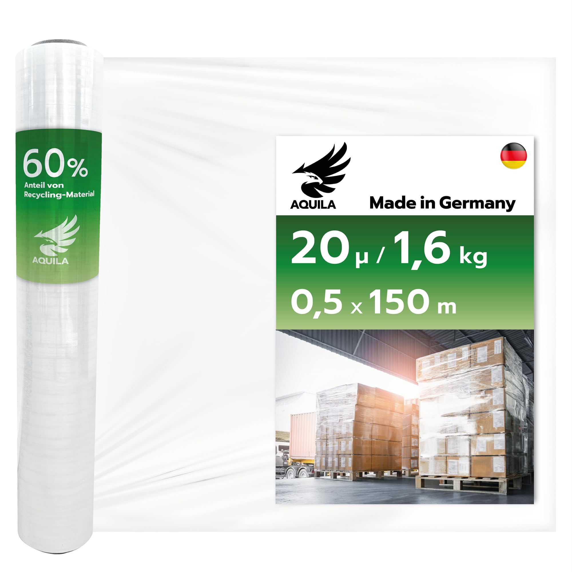 AQUILA EcoGreen Stretchfolie Made in Germany, Verpackungsfolie 50cm x 20 My, aus 100% wiederverwertetem Material, transparent, 150m ungedehnt, 12 Stück