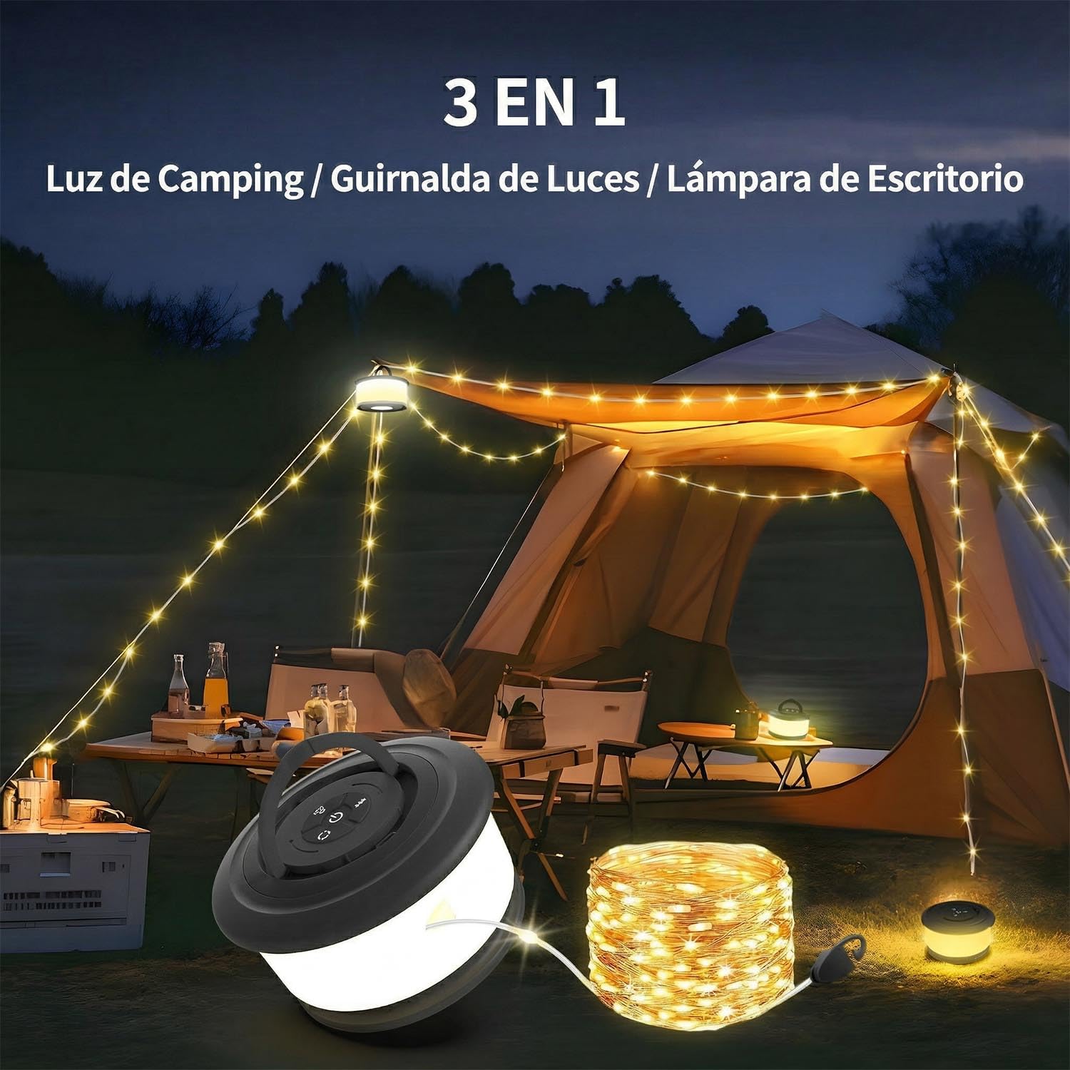 Camping String Lights,2 in 1 Upgraded 32.8FT Rechargeable Tent Lights String with 19 Lighting Modes,Quick Storage camping lights,Portable LED Lamp for Bedroom Yard Decor Christmas Camping(Black)
