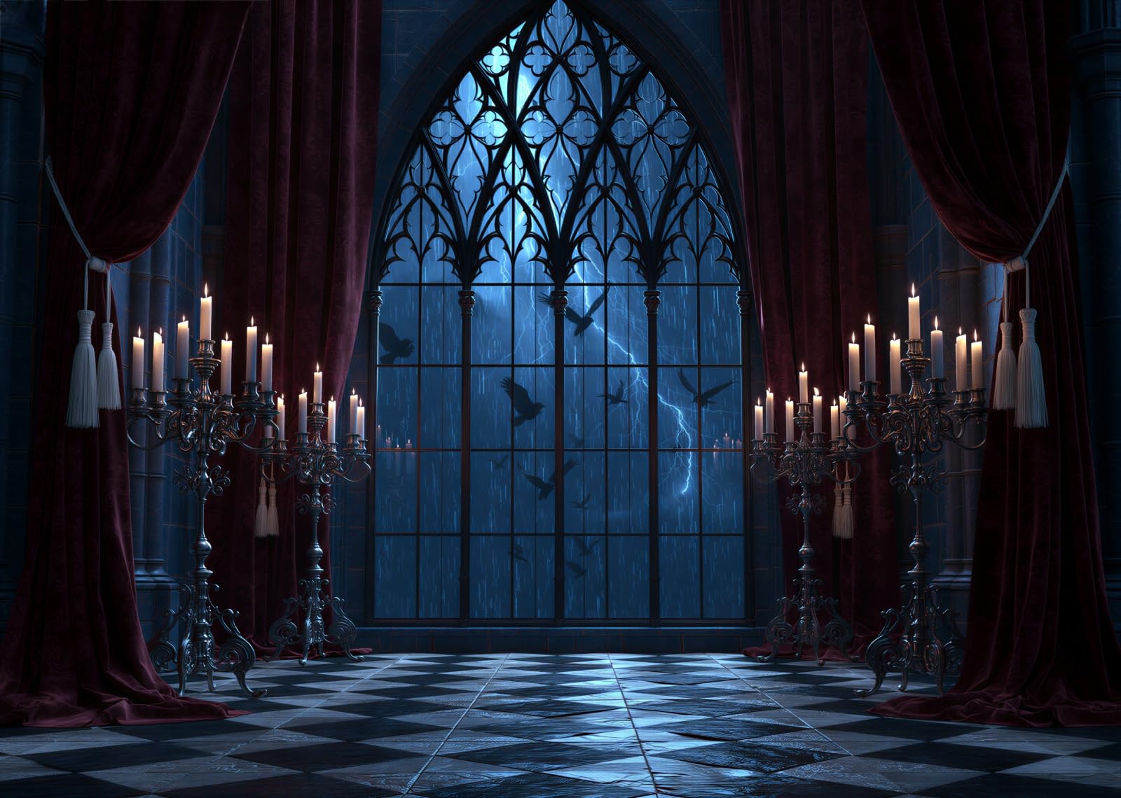 BELECO 3.6x2.5m Sfondo in tessuto Sala Gotica Scura Halloween Spaventoso | Finestra Ad Arco Gotica Spaventosa Tempesta Corvi Candeliere Vista Castello Sfondo Orrore Telo Di Sfondo