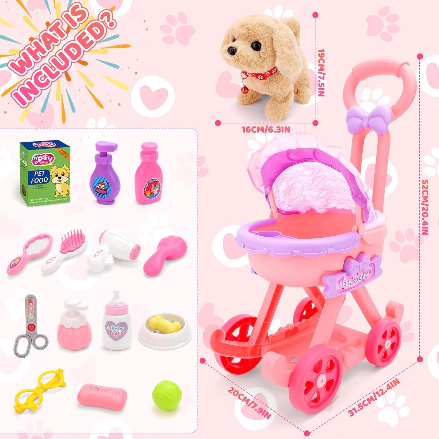 deAO Dog Toys for Kids Girls Boys, Interactive Electronic Puppy Stuffed Dog with Stroller Grooming Care Accessories Toys, Puppy Pet Care Pretend Play Set for 3+ Years Old Toddler Girls Birthday Gifts