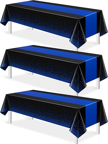 3Pcs Black and Blue Tablecloth Party Decorations,Plastic Black Table Cloth Printed Blue Table Runner Disposable Rectangle Table Cover for Birthday Wedding Anniversary Graduation Party,54 x108 Inch