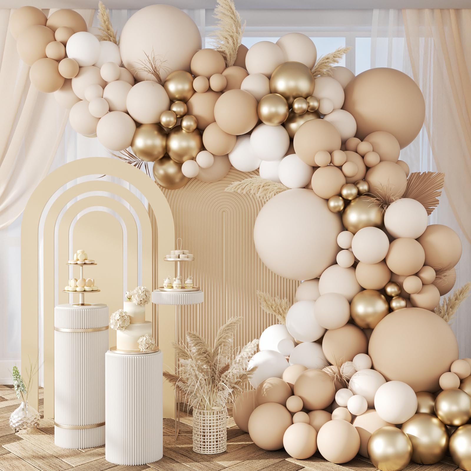 Photo 1 of 147pcs Neutral Balloon Arch Kit, Neutral Balloon Garland with Nude Sand White Metallic Gold Balloons for Wedding Birthday Baby Shower Decorations