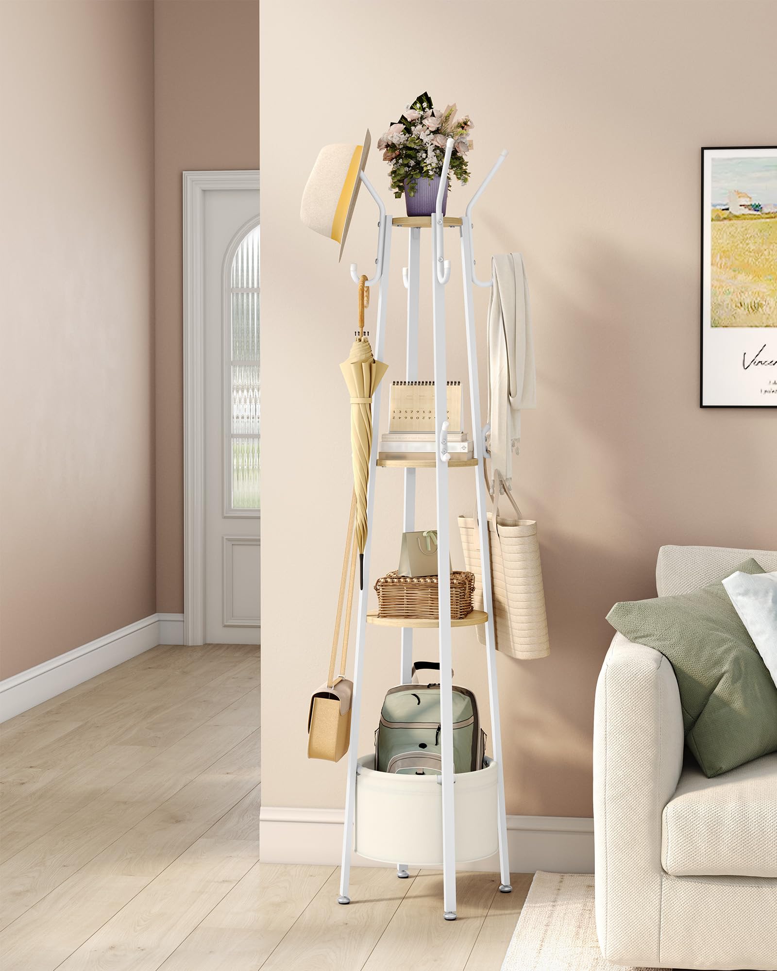 Hzuaneri Garderobenständer, Kleiderständer mit Großer Aufbewahrungskorb, Garderobe mit 3 Ablagen, 16 Haken, für Eingangsbereich, Schlafzimmer, 182,5 cm Hoch, Goldeichenfarben und Weiß CR27316W