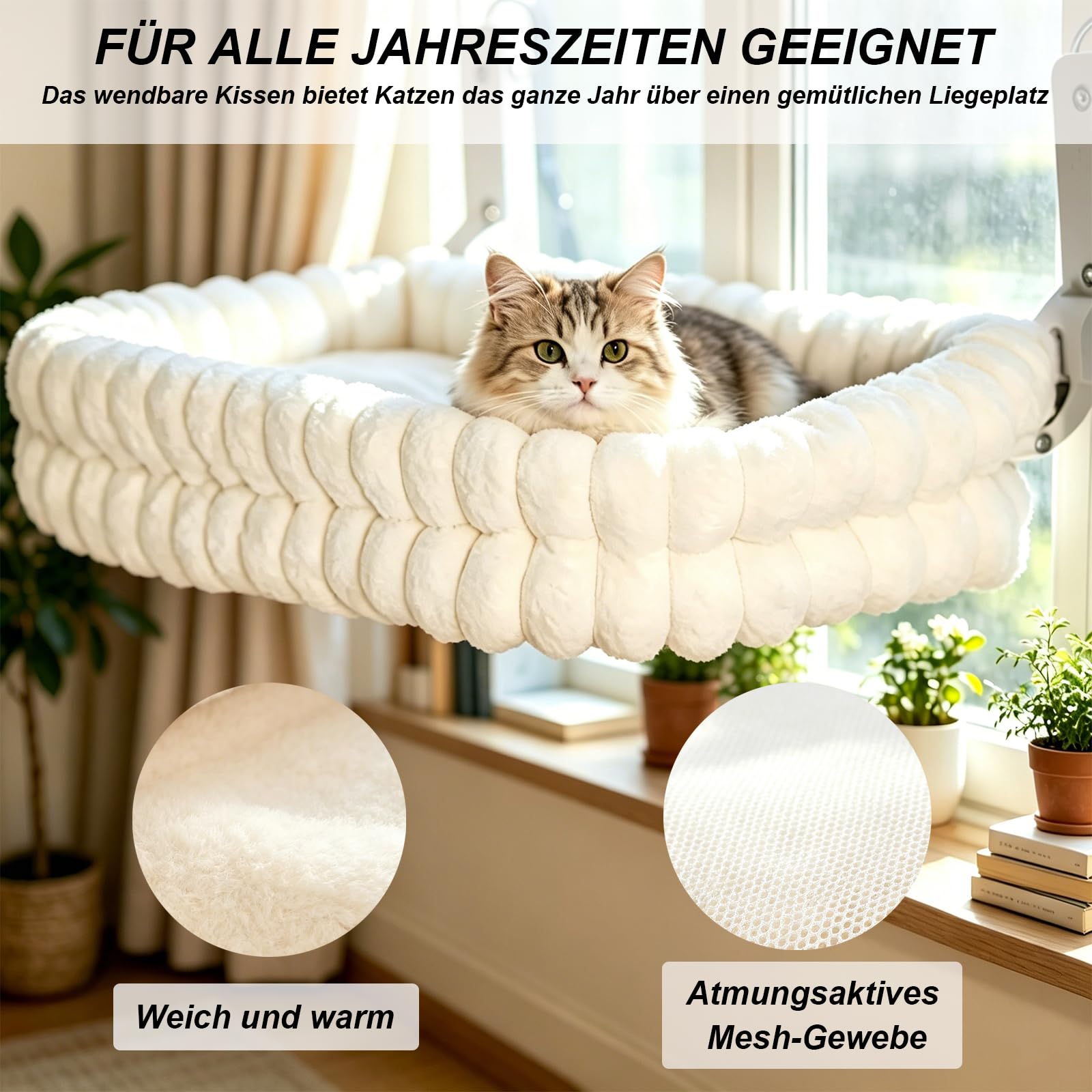 Fensterliege mit Saugnäpfen, Faltbare Katzen Hängematte für Fenster, Weiches Wendekissen Abnehmbar & Waschbar, Stabiler Stahlrahmen Katzenbett für große & kleine Katzen