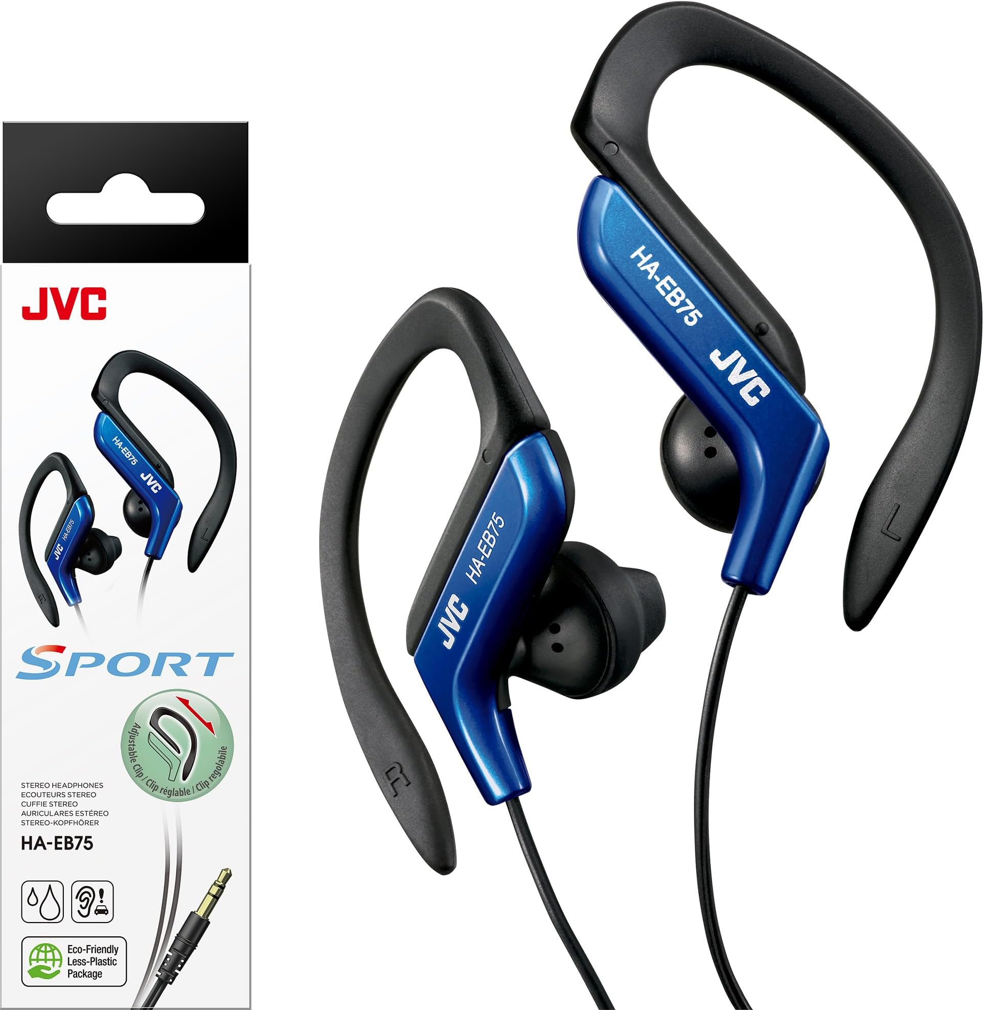 Clip Style Headphone Blue Lightweight and Comfortable Ear Clip. Splash Proof Water resistant Powerful Sound with Bass Boost JVC HAEB75BA