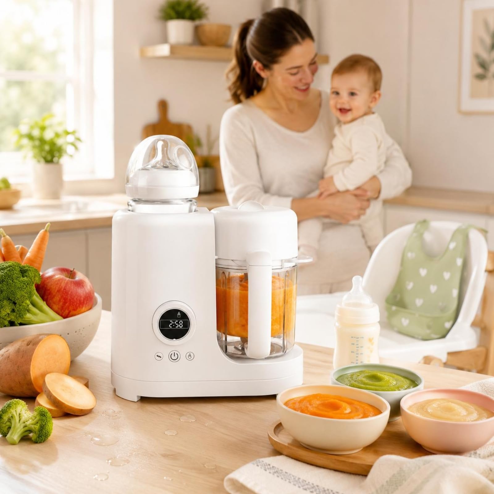 Almencla Infant Vaporiera Cuocipappa Robot Pappe Frullatore Multifunzione con Pannello Frontale Recipiente Visibile in Adatto a Pasti per Cucina Domestica Abitudini di Nutrizione