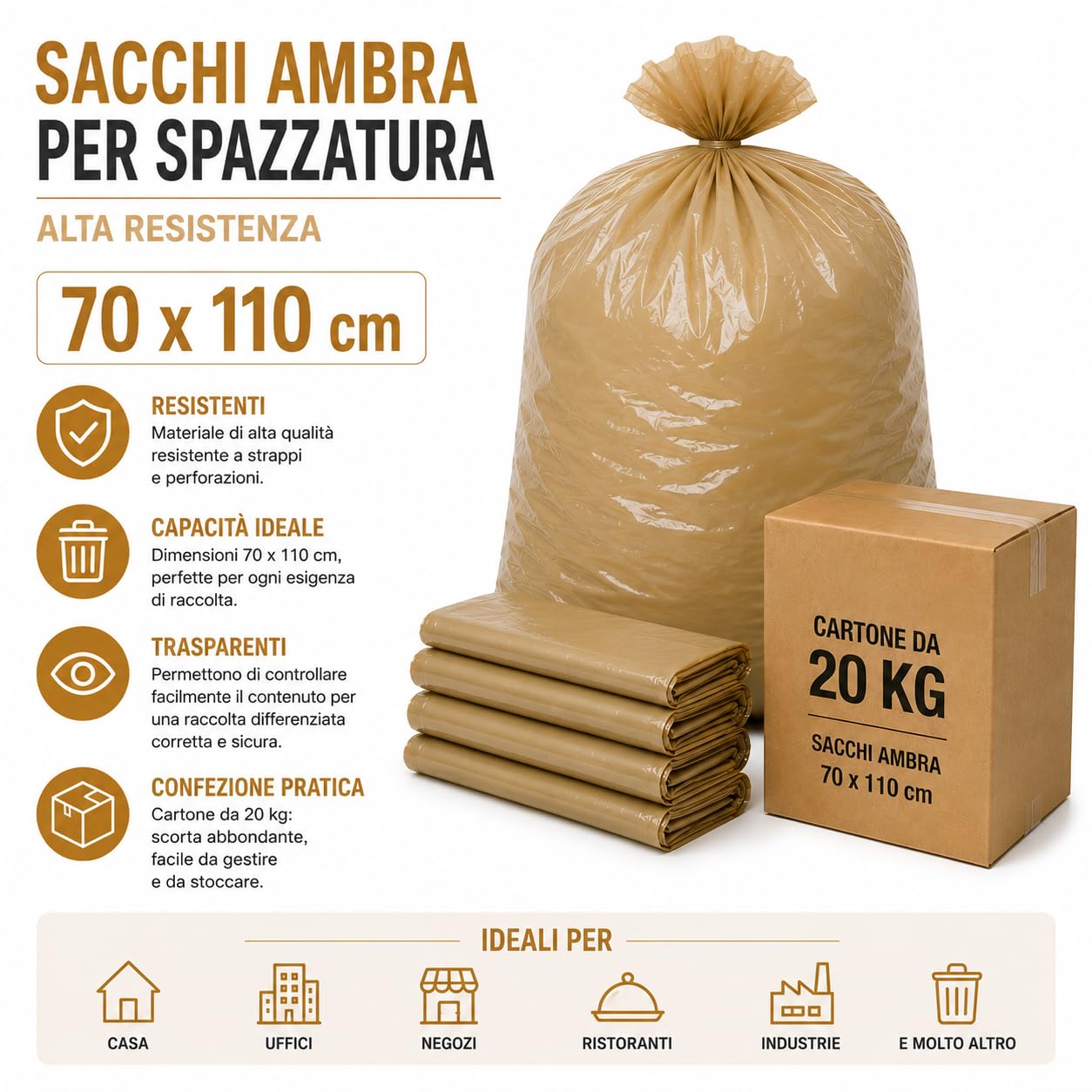 Sacchi Ambra per Spazzatura Alta Resistenza, Sacchi per Immondizia Professionali per Raccolta Rifiuti, Cartone da 20 Kg, misure 70 x 110 cm