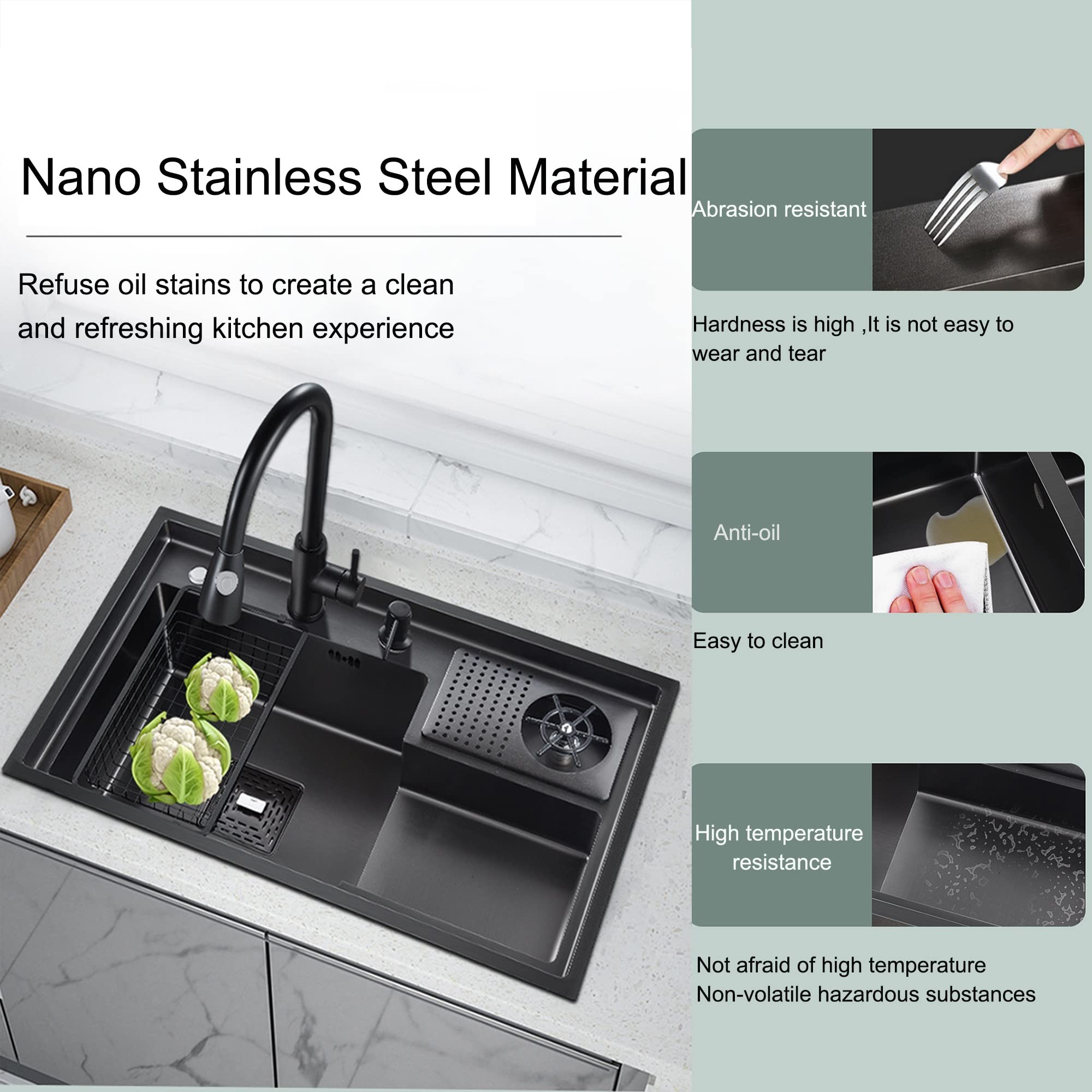 Lavandino Cucina Incasso Nero Lavello in Acciaio Inox Professionale 1 Vasca Lavello da Bar Multifunzionale con Rubinetto Lavabicchieri Componenti di Drenaggio per Postazione di Lavoro Caffè Ristorante