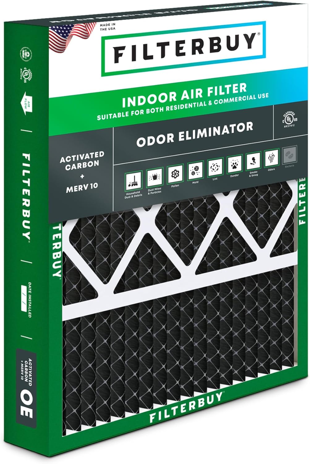 Filterbuy 20x25x5 Air Filter MERV 10 Odor & Allergy Defense with Activated Carbon (1-Pack), Pleated HVAC AC Furnace Filters for Honeywell, Lennox, and More (Actual Size: 19.88 x 24.75 x 4.38)