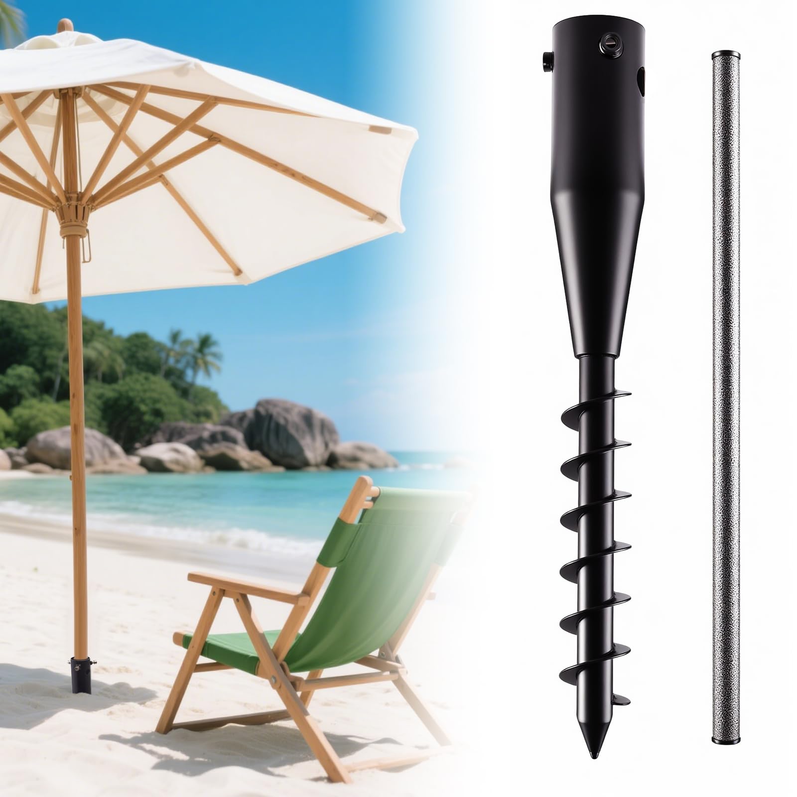Robuste Pied Parasol et Ancrage Sechoir Parapluie, Piquet de Terre à Spirale 6 Tours pour Parasol de Plage, Jardin et Terrasse, Léger avec Boutons Réglables (2,5–5 Cm), Support Parasol Anti-vent