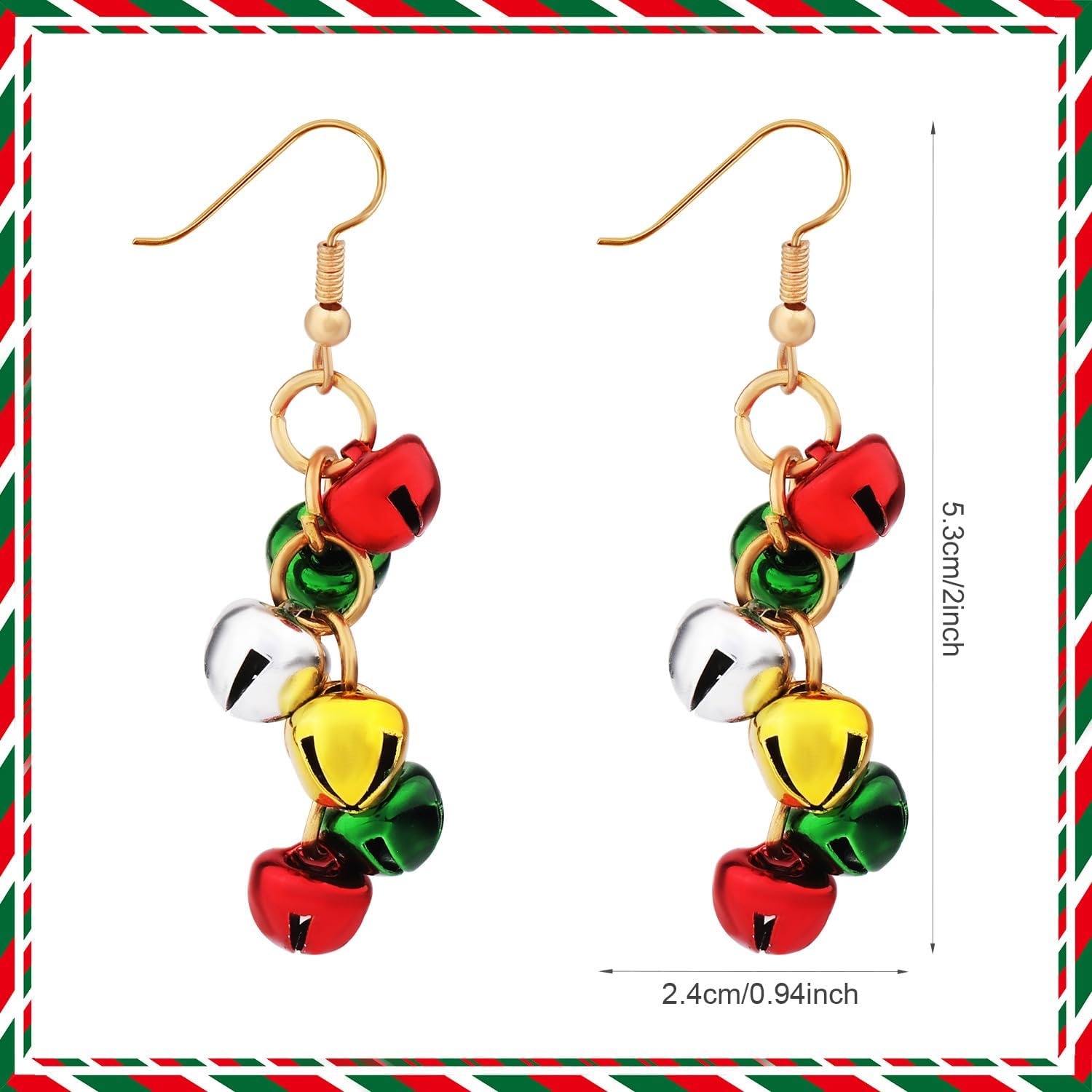 Christmas Jingle Bell Drop Earrings, Dangle Fishhook Hanging Earrings, Zinc Alloy, Green, Red, Silver, Gold, 2 Count, 2.4 cm, Polished, Perfect for Holidays & Special Occasions - Image 2