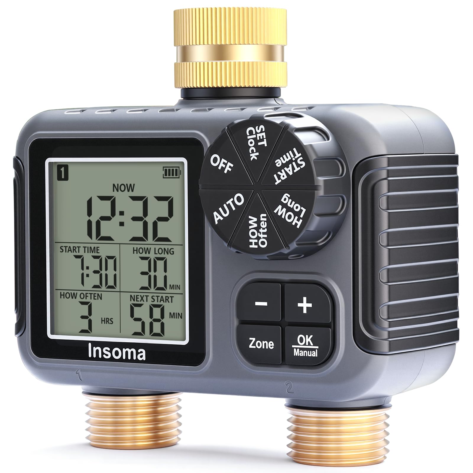 Insoma Timer irrigatore a 2 zone con ingresso e uscita in ottone, timer dell'acqua per tubo da giardino con modalità auto/manuale/ritardo pioggia, grande display LCD, timer per tubo flessibile di