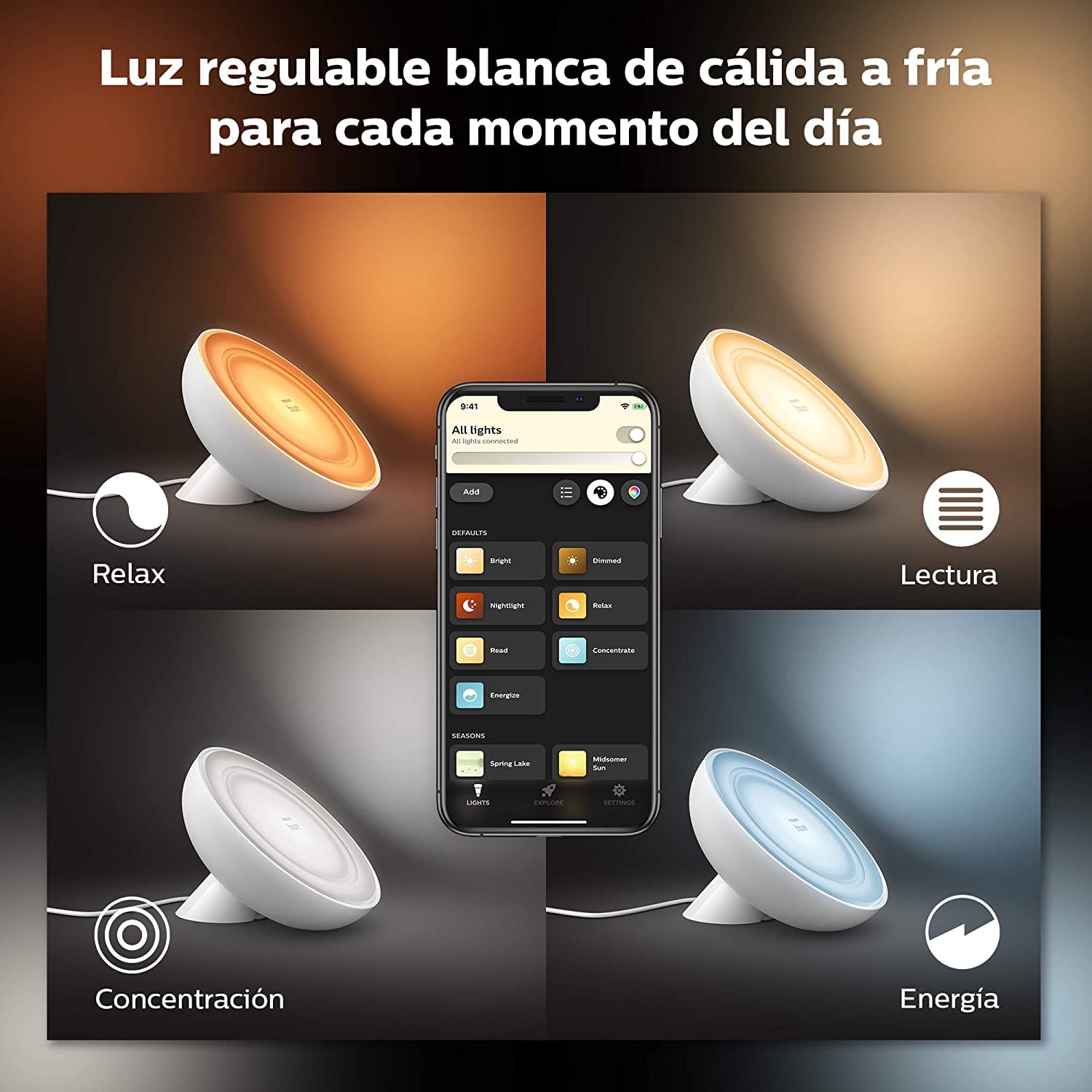 Philips Hue – Lámpara inteligente Hue Bloom, Lámpara de Mesa LED Inteligente, Luz Blanca y de Colores, Compatible con Alexa y Google Home, Color Blanco
