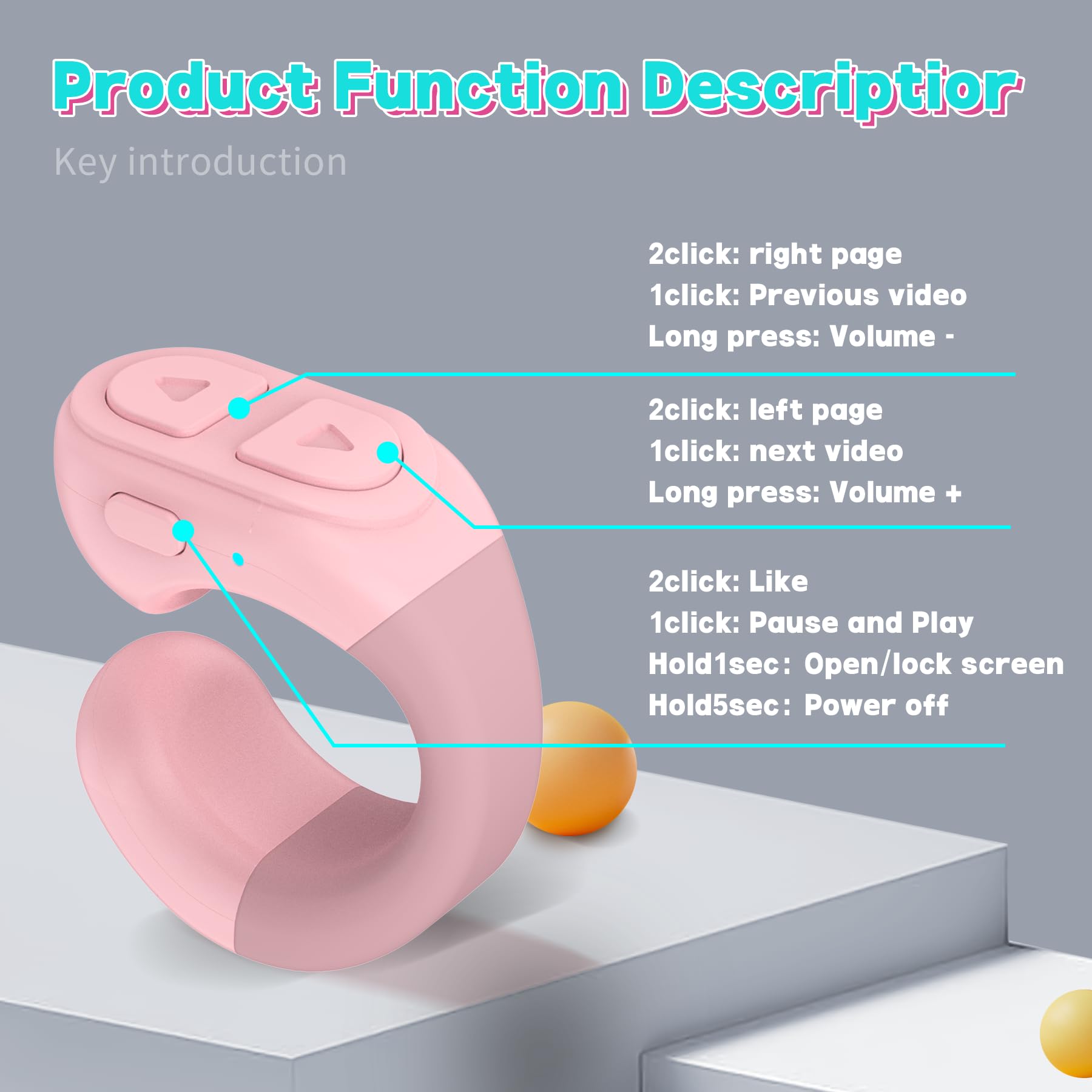 TikTok Scroll-Ring-Fernbedienung, App-Fernbedienung, Seitenumkehrer für iPhone, iPad, Android, Handy-Kamera, Bluetooth-Fernbedienung, Scroll-Ring mit Ständer, Rosa