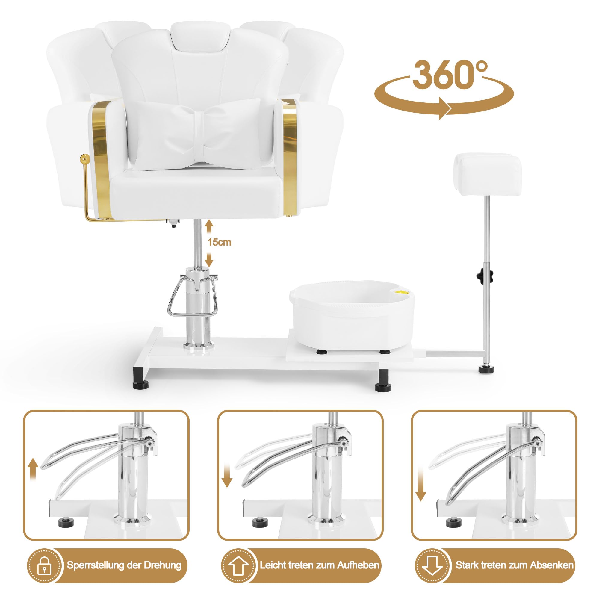 Barberpub Pediküre Stuhl mit Fußbadewanne & Hocker, Höhenverstellbar & Kippbar, Fußpflegestuhl für Nagelstudio Retro Gold-Weiß