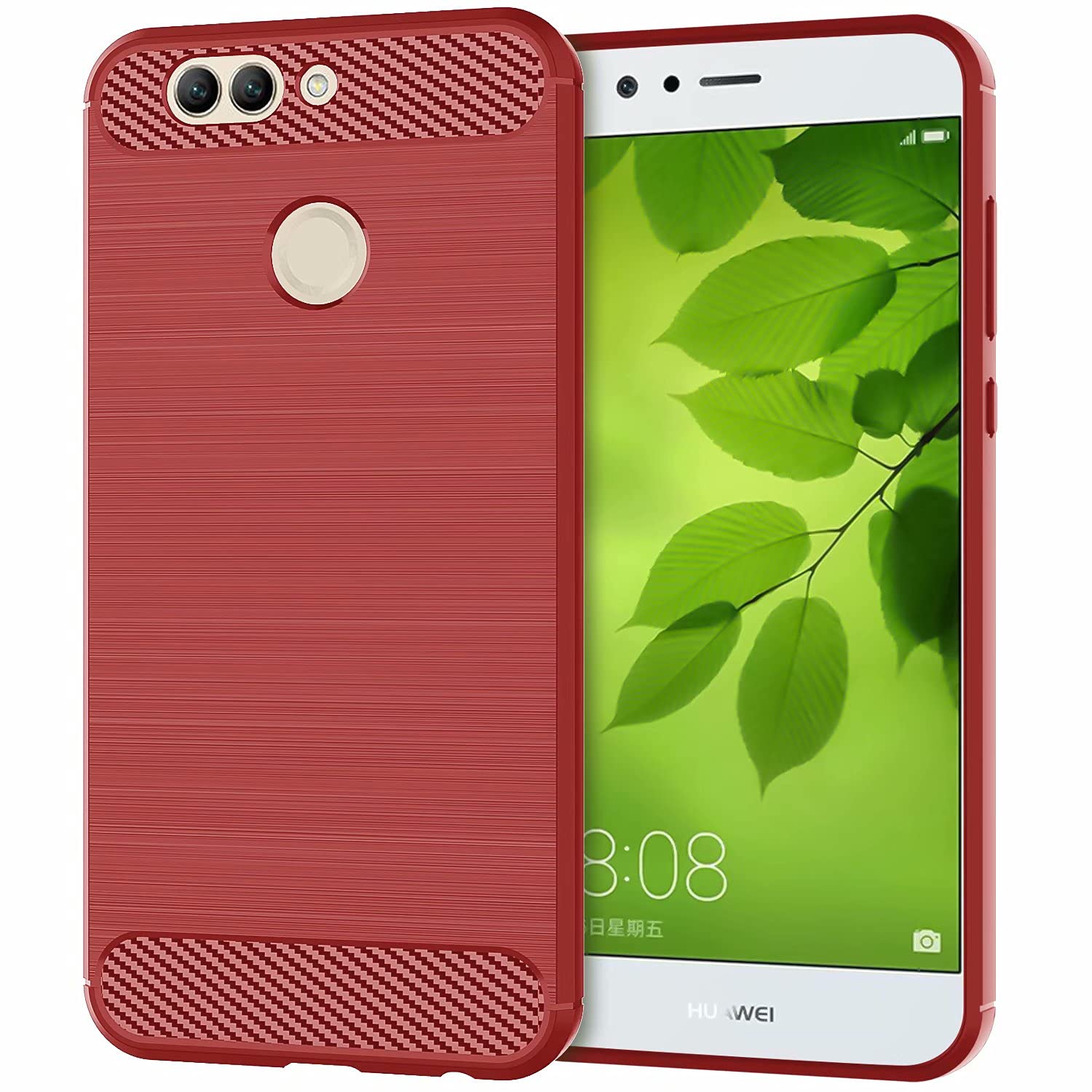 for Huawei Nova 2 Plus Case Brushed Carbon Fiber Texture Style Ultra-thin TPU Soft rubber Anti-drop Protective Cover-Red