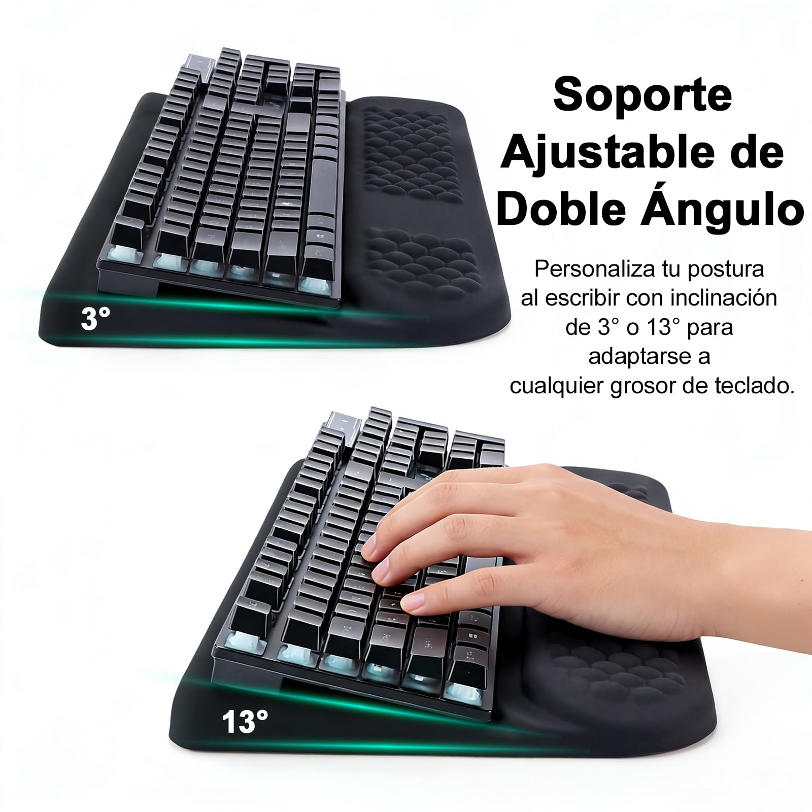 LIMOUS Reposamuñecas Ergonómico para Teclado, Soporte Elevador Ajustable 2 Ángulos con Caja de Almacenamiento, Almohadilla Ola de Espuma Viscoelástica, Base Antideslizante para Oficina y Gaming-Negro
