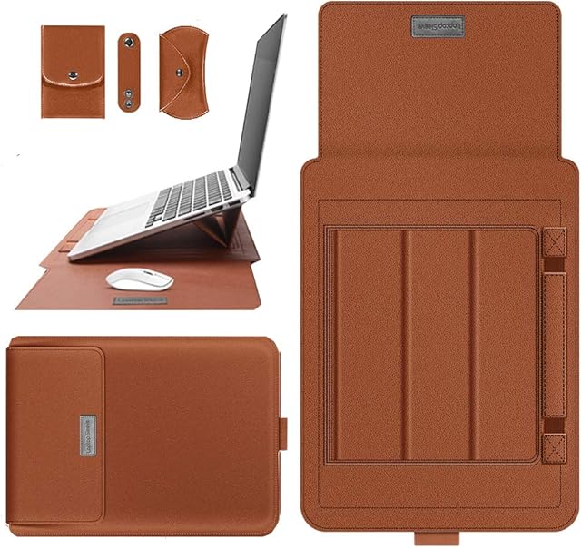 RYE Leather Laptop Sleeve Integrated with Adjustable Stand and Mouse Pad, Fit to 13-14 Inches Macbook/MacBook Pro/MacBook Air/Surface Book/New iPad Pro,Configured with Accessary Bags-Bronze