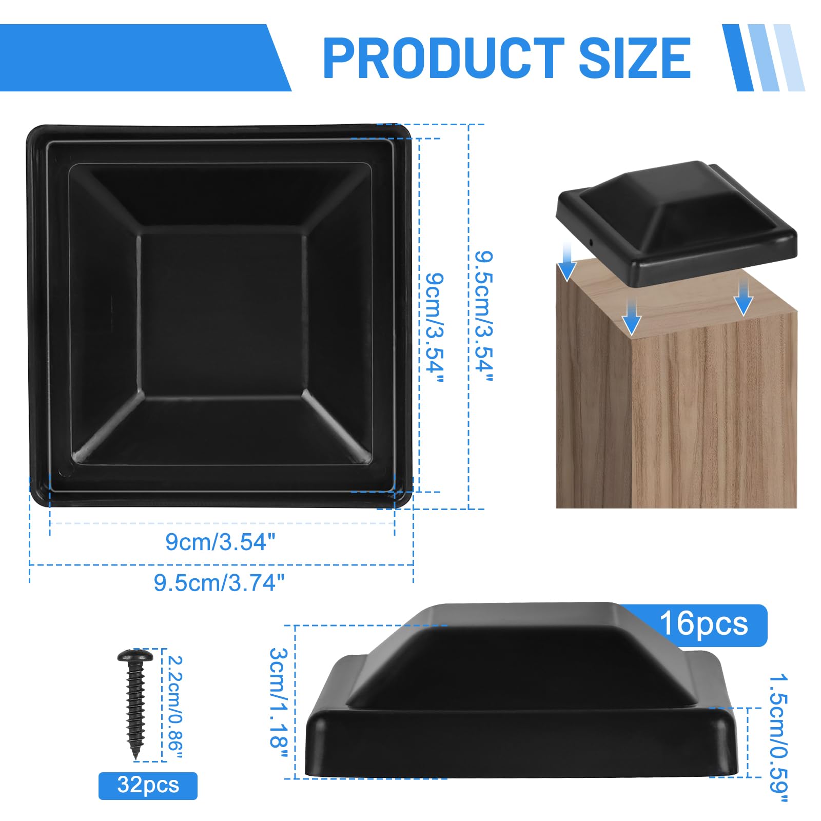 DBREAKS 16 Piezas Tapas para Postes de Madera, 9 x 9 cm Tapones de Plástico para Postes de Cerca con Tornillos, Cuadradas Tapas para Postes, para Proteger Postes de Madera